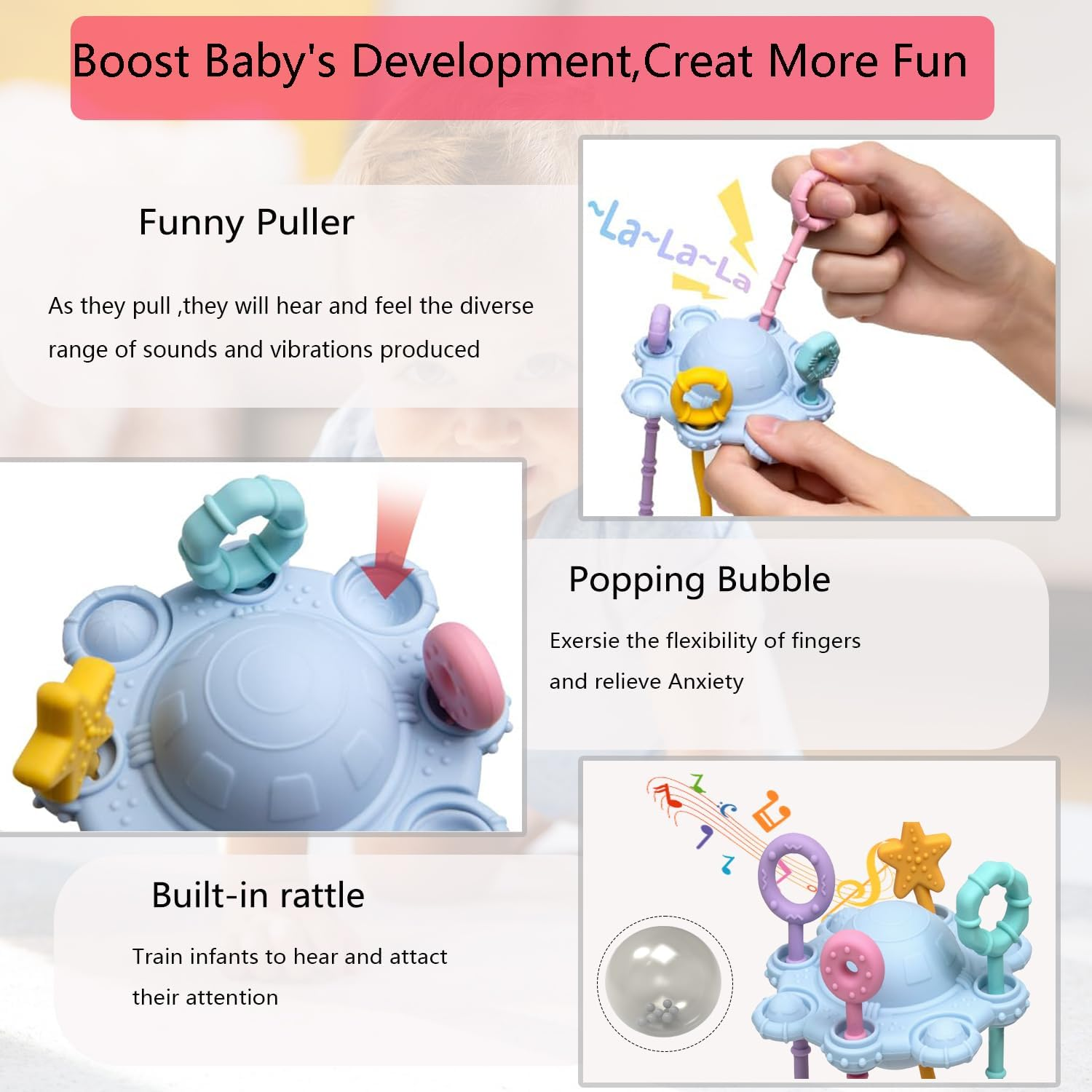 Montessori Toys for Baby, Food Grade Silicone Pull String Activitys for Infant, Travel Toys for Babies, Sensory Toys for Toddlers, Fine Motor Skills Toys for Girl Boy Gift image number 2