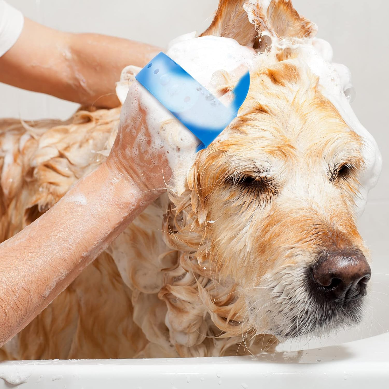 Heyu-Lotus Dog Bath Brush, 2 Pcs Pet Bath Brush with Adjustable Ring Handle, Soothing Massage Rubber Comb for Long Short Haired Dogs and Cats(Blue and Rose) image number 5