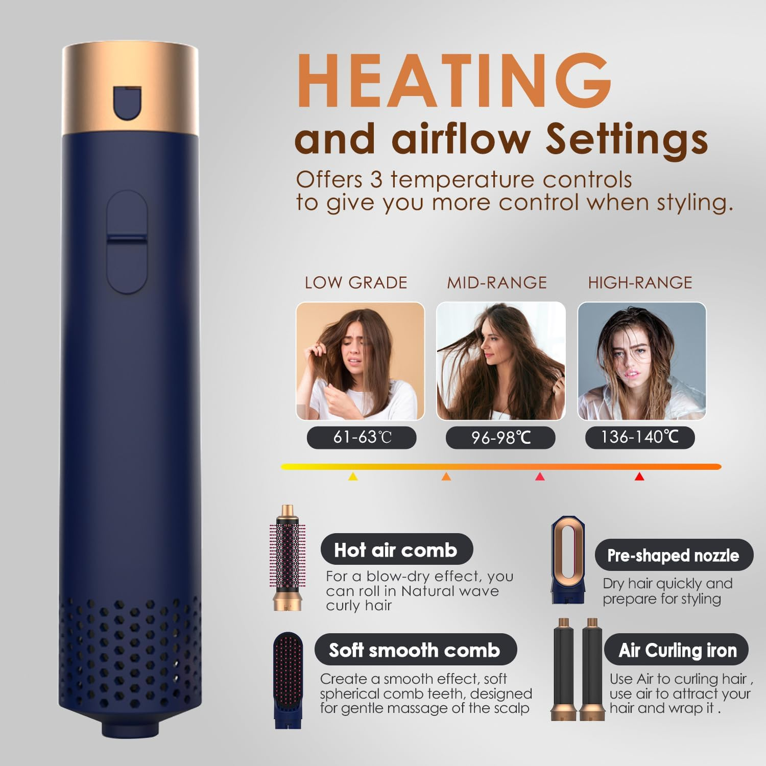 Xcjump 6 in 1 Hair Dryer Brush Styler Hot Air Comb - Curl, Straighten, Dry, Volumize & Style with Tourmaline Ceramic - Multifunctional Hot Air Brush for Women - 1000W Power, Detachable Heads, Ideal for All Hair Types (Black)