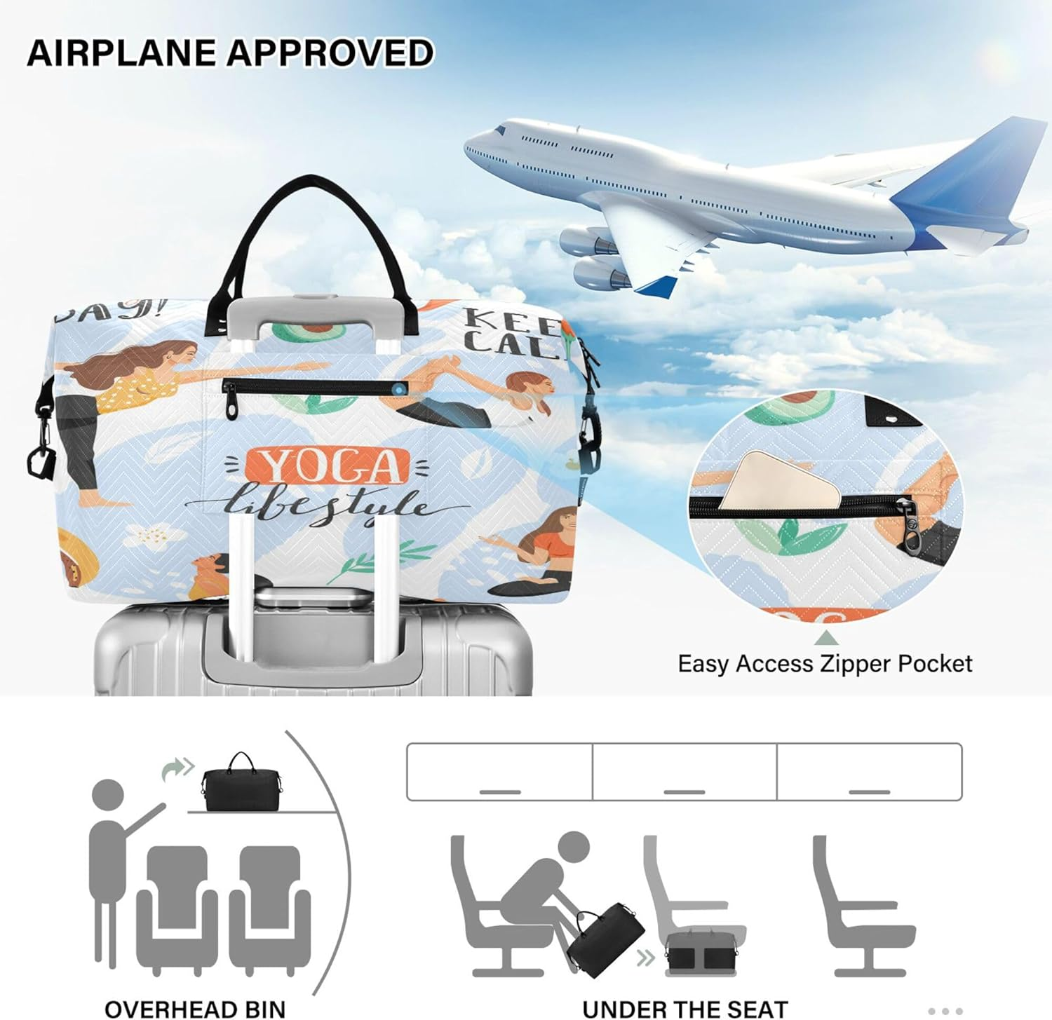 Travel Duffel Bag Gym Bag Large Carry on Airport Bag with Toiletry Bag for Trekking 2 Pcs Set Women in Various Yoga Poses, Multi, 1 Size, Modern/Fitted, Multi, 1 Size, Modern/Fitted image number 5