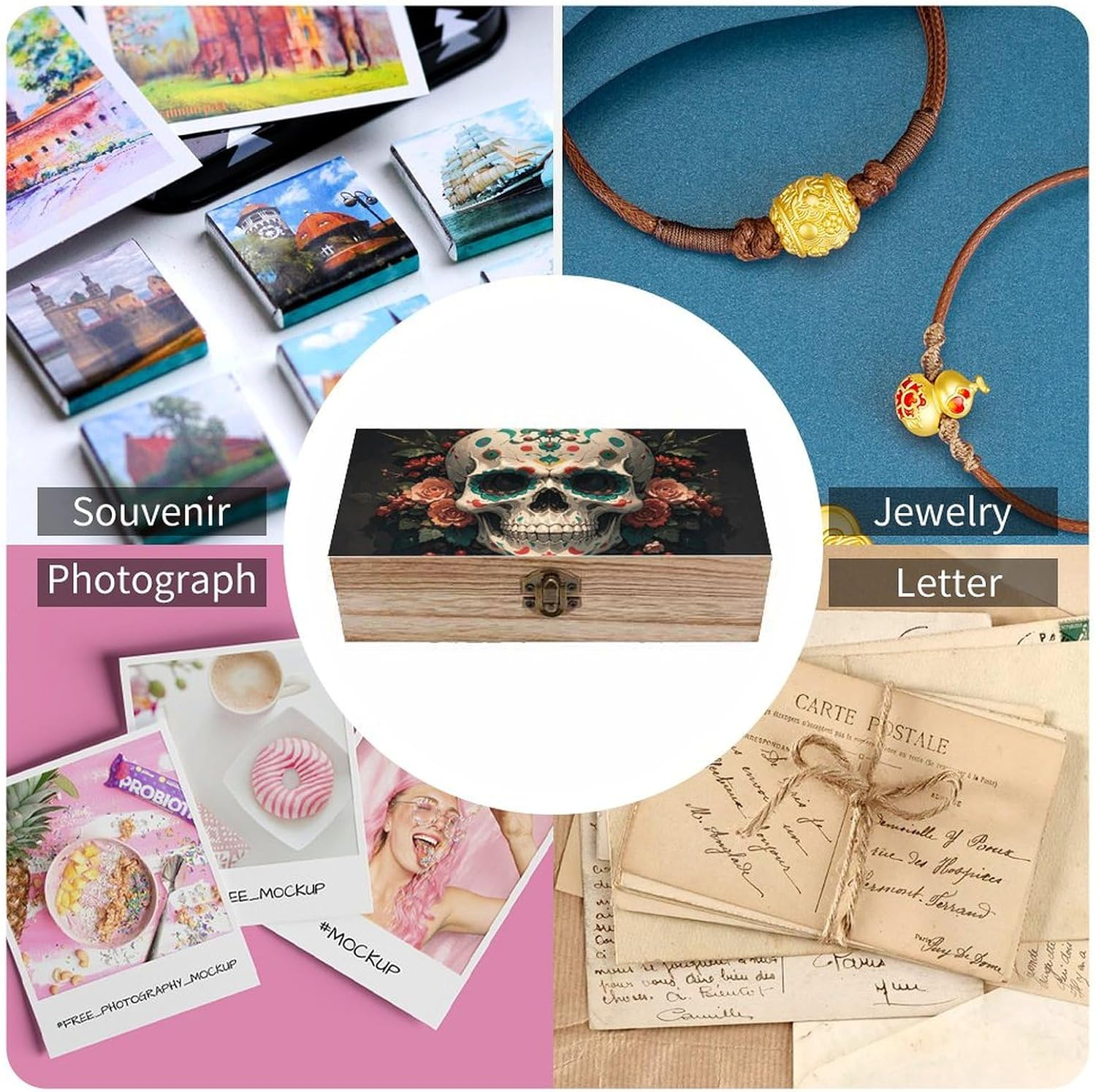 Amazing Skull and Bones Wooden Box Wood Wedding Keepsake Boxes with Lids Small Decorative Boxes Lightweight Wooden Memory Storage Box for Crafts Keepsakes Jewelry Photo Letter Storage image number 5