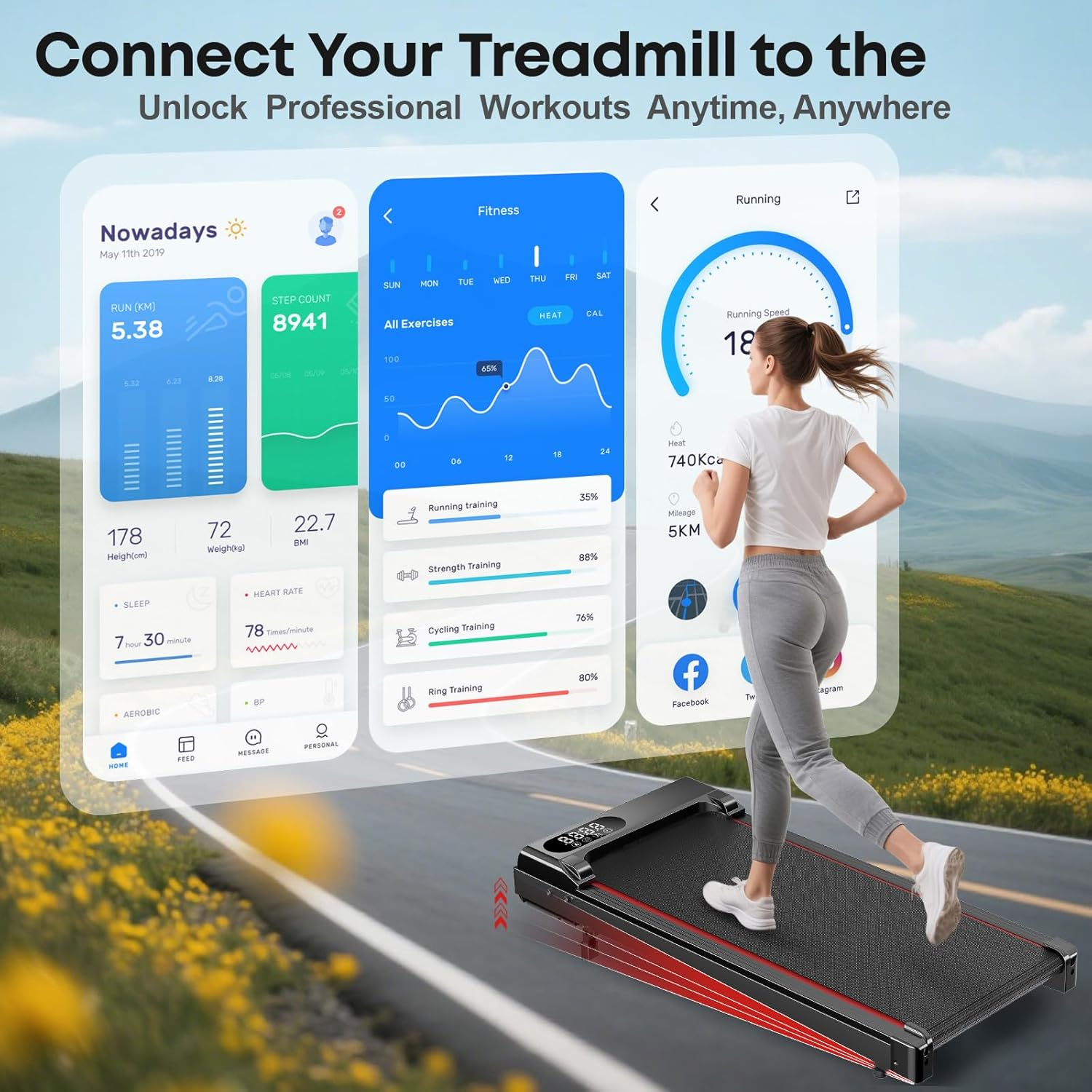 Incline Walking Pad Treadmill, Walking Pad with Incline, 300 Lbs under Desk Treadmills for Home Office, Portable Treadmill with LED Display image number 1