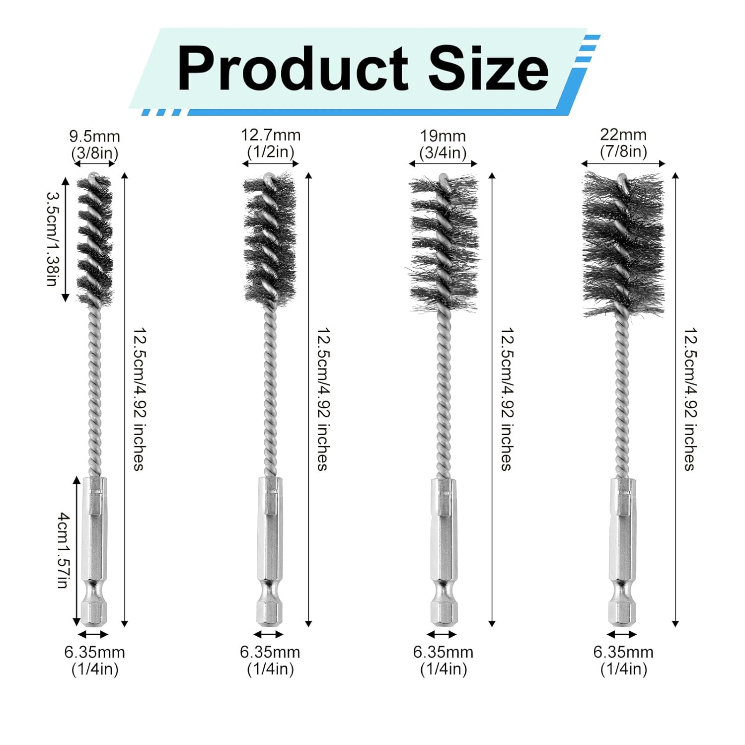 4Pcs Wire Brush, Stainless Steel Twisted Bore Brush with 1/4" Hex Shank for Power Drill Impact Driver & Tube Cleaning, 3/8'' 1/2'' 3/4'' 7/8'' Diameter image number 6