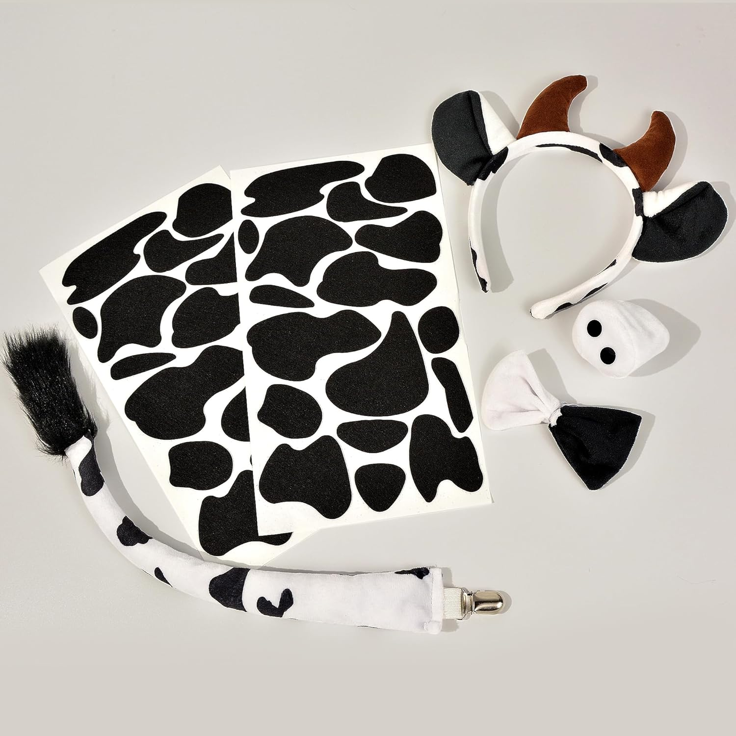 U-Zomir Cow Costume Set, Cow Ears Headband Nose Bow Tie Tail and 51Pcs Adhesive Felt Pads for Halloween Cosplay DIY Dress Up - Black image number 6