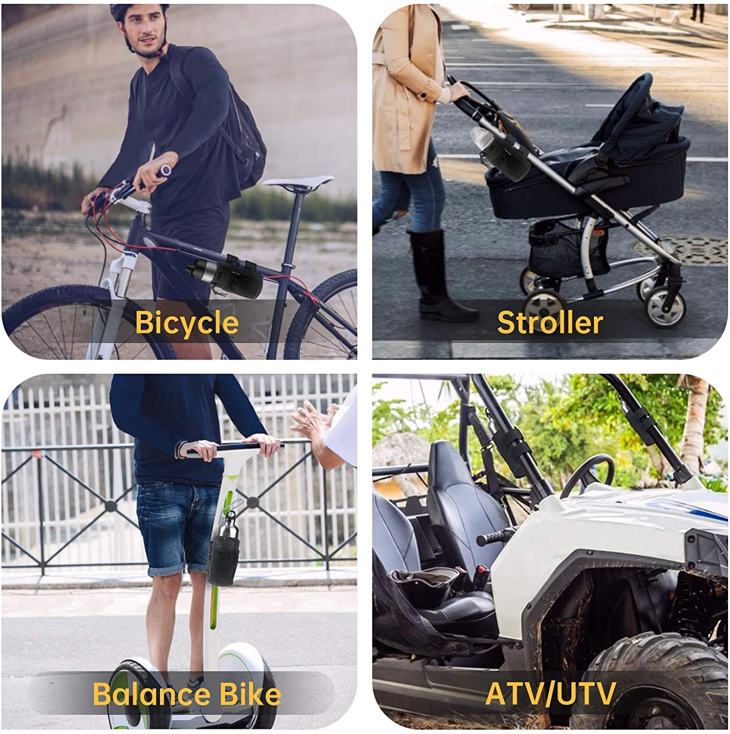 GEARV 2-Pack Bar Cup Holder for Stroller, Golf Cart and Wheelchair; Universal Cup Holders for UTV/ATV, Car, Scooter, Boat; Drink Holder Accessories with Net Pocket and Cord Lock (Black) image number 6