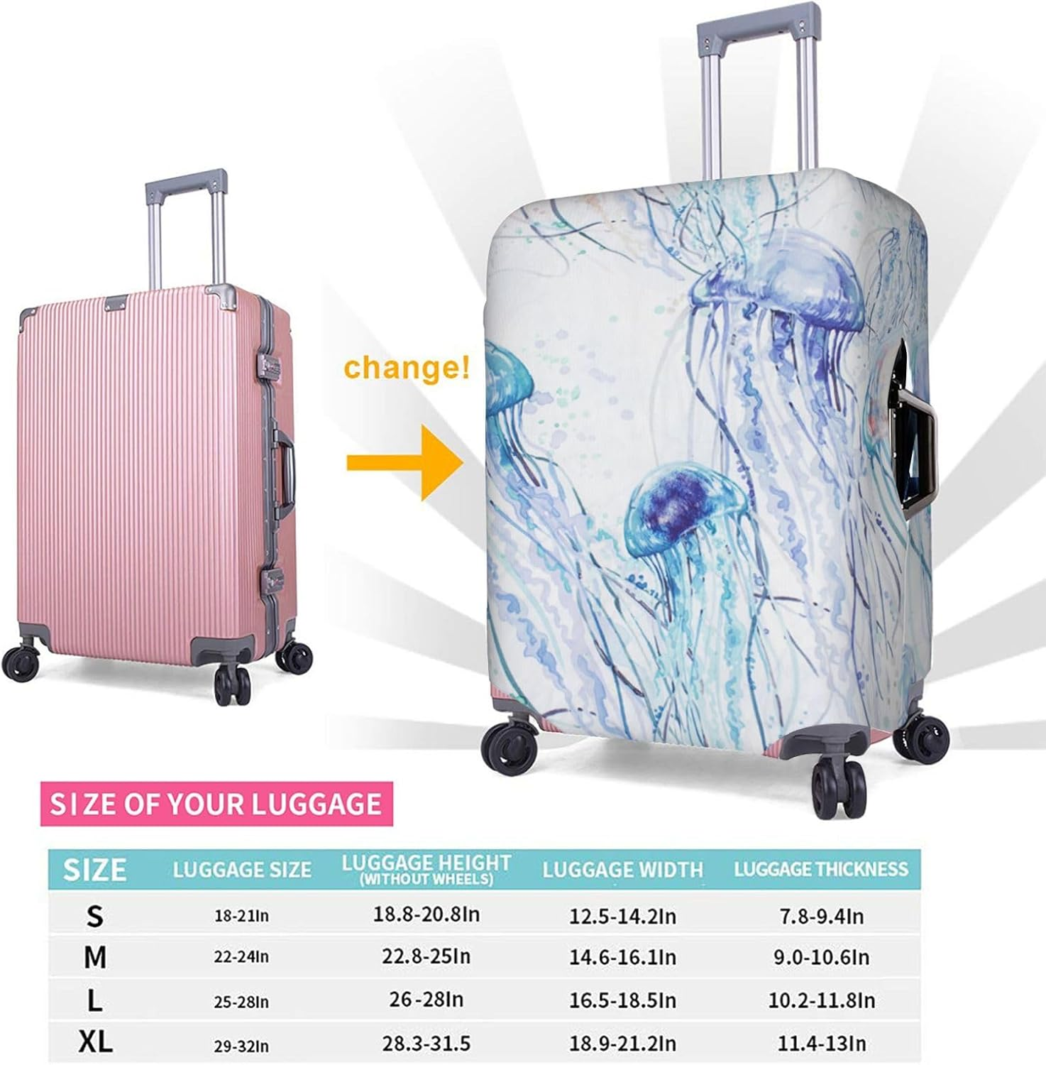 Obabo White Parttern Travel Luggage Cover,Washable Suitcase Cover Protector Anti-Scratch Suitcase Cover Fits 18-32 In, Jellyfish, M image number 3