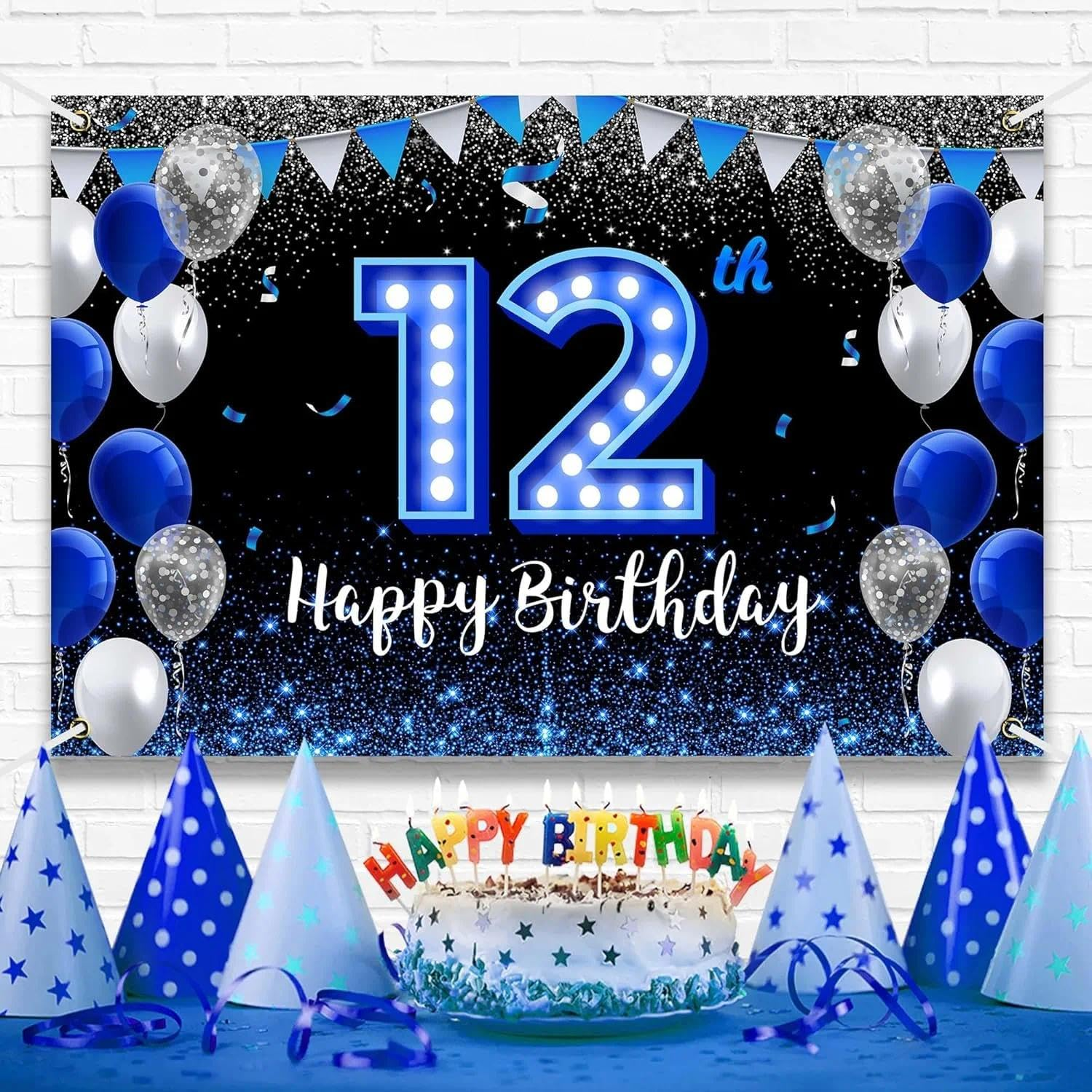 Happy 12Th Birthday Banner for Boys with Blue Neon Light Numbers, Large Party Backdrop Decor for Photo Booth and Wall, Reusable and Easy to Hang - Auroly image number 5