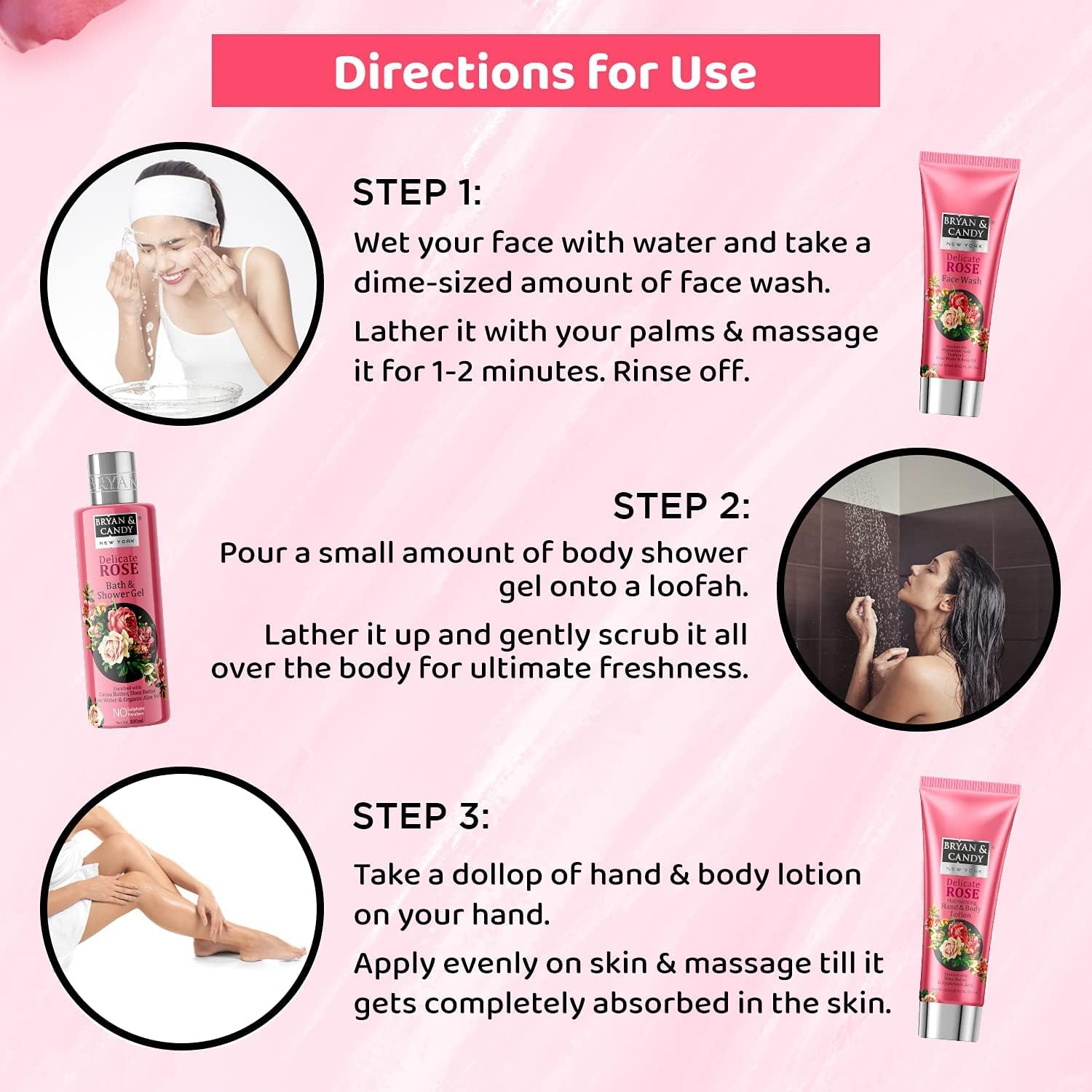 Bryan & Candy Delicate Rose Gift Set for Women (Face Wash, Bath and Shower Gel, Hand and Body Lotion), Enriched with Rose Water, Rose Oil, Aloe Vera (Pack of 3) image number 1