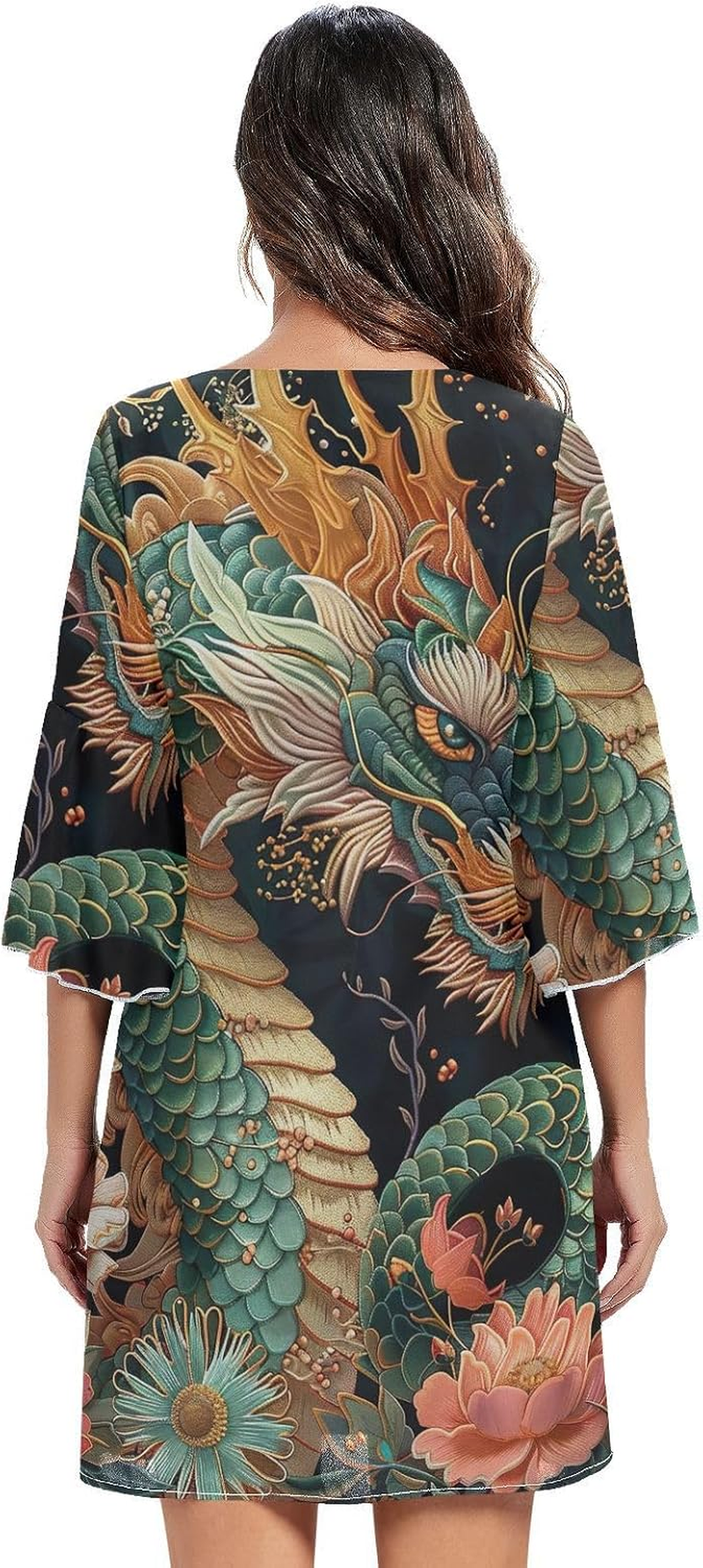 Green Dragon Vintage Chinese Flowers Short Dress Printed Line Maternity Dress S-XXL image number 5