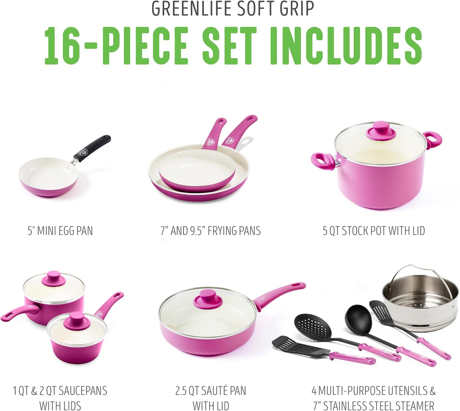 Greenlife Soft Grip Healthy Ceramic Nonstick, 16 Piece Cookware Pots and Pans Set, Pfas-Free, Dishwasher Safe, Bright Pink