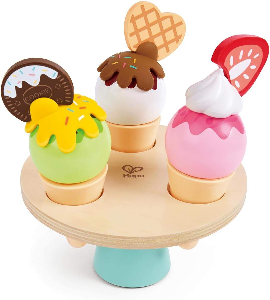 Hape Scoop & Serve Ice Cream Set &ndash; Interactive Wooden Toy for Pretend Play &ndash; Realistic Ice Cream Playset with Rotating Display & Endless Topping Combinations for Kids image number 3