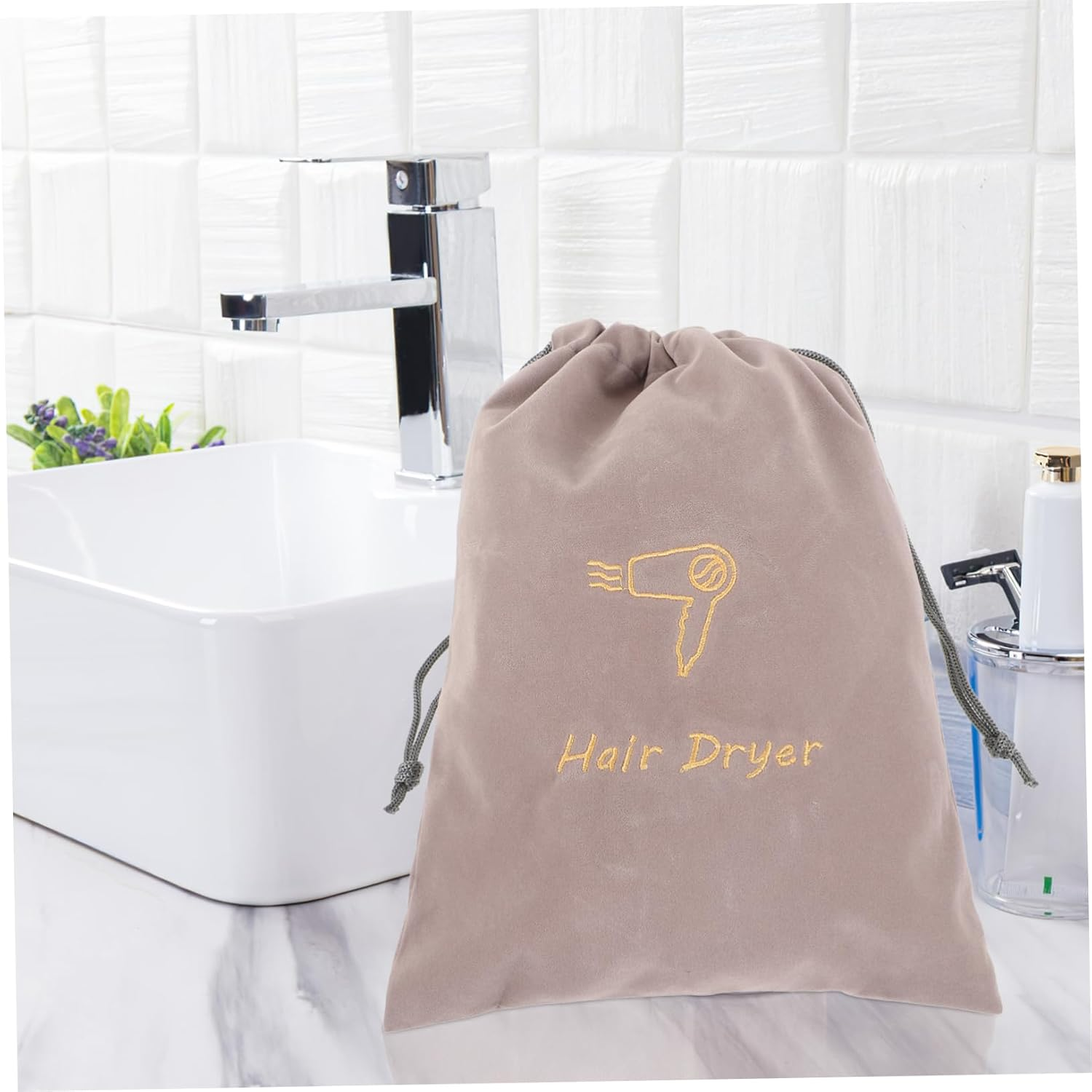 HAKIDZEL Hair Dryer Bag Drawstring Storage Pouch Portable Cloth Hair Dryer Organizer for Travel 23X30Cm Grey Velvet Embroidery image number 4