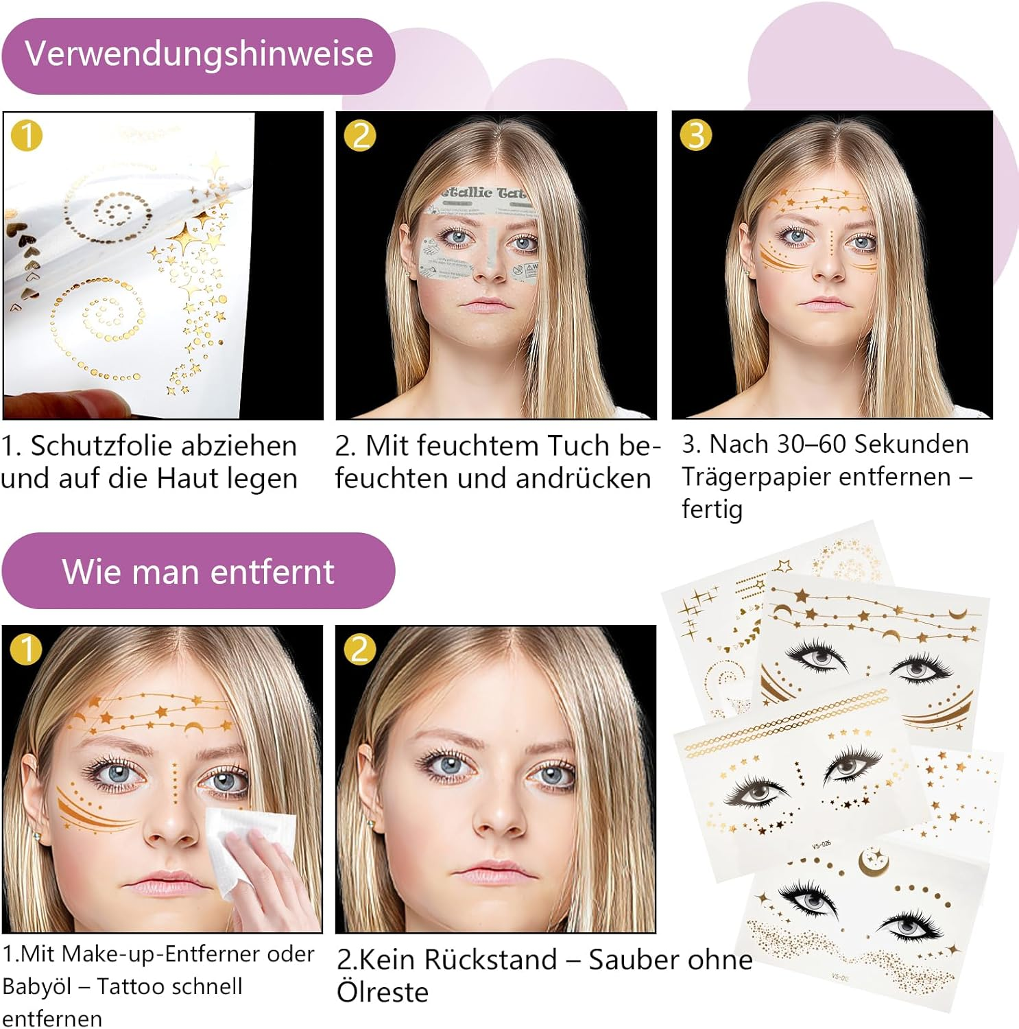 Face Tattoo Carnival, Glitter Festival Make up Tattoos, Waterproof Freckles Freckles Tattoo in Gold for Women (Gold - 6 Styles) - Black-120Pcs image number 4