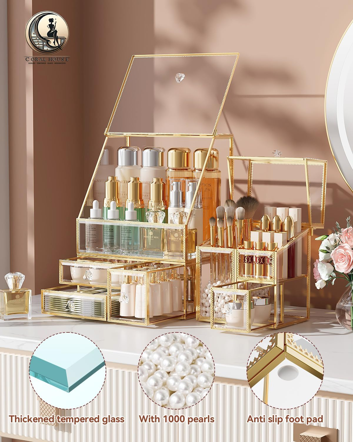 Coralhouse Clear Makeup Organizer with Gold Frame &ndash; Countertop Vanity Organizer for Skincare, Lipsticks, Perfume & Brushes &ndash; Bathroom Cosmetic Storage Display Box