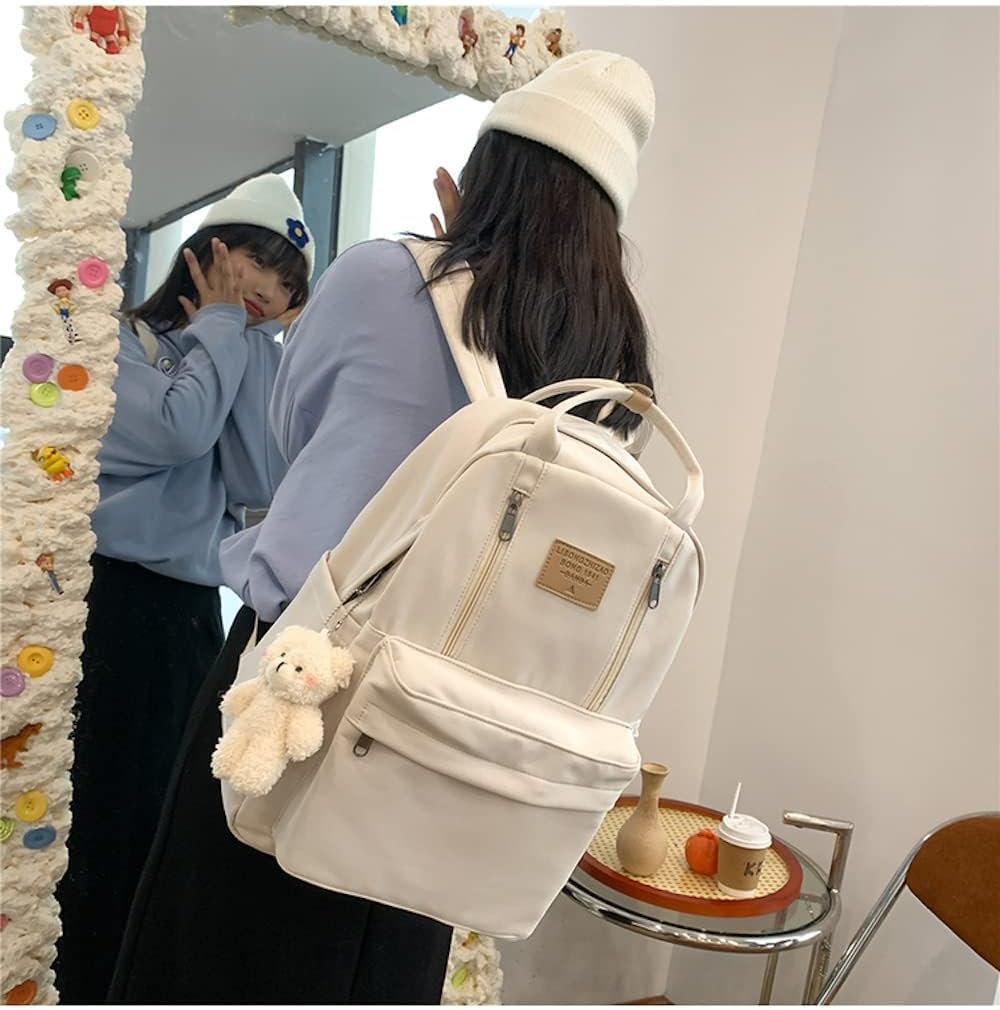 MININAI Preppy Backpack with Plushies Cute Backpack Light Academia College Backpack Solid Aesthetic Rucksack for Travel image number 4
