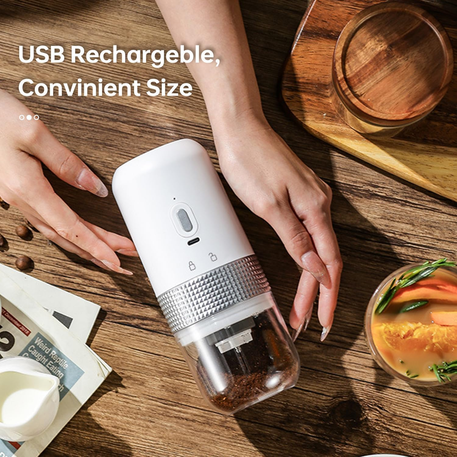 Electric Coffee Grinder - USB Rechargeable, 50G Capacity, Herb Grinder with Spoon, Multiple Grinding Settings for Beans, Spices - Home, Office, Travel, Shop Use