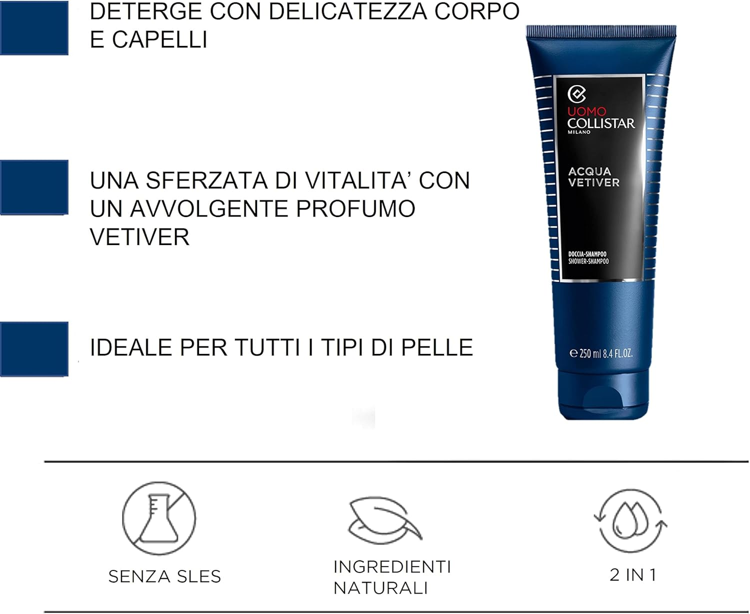 Collistar Acqua Vetiver Shower Gel Shampoo for Men - Cleans Body and Hair - Nourishes and Moisturises - No SLES - 250Ml image number 2