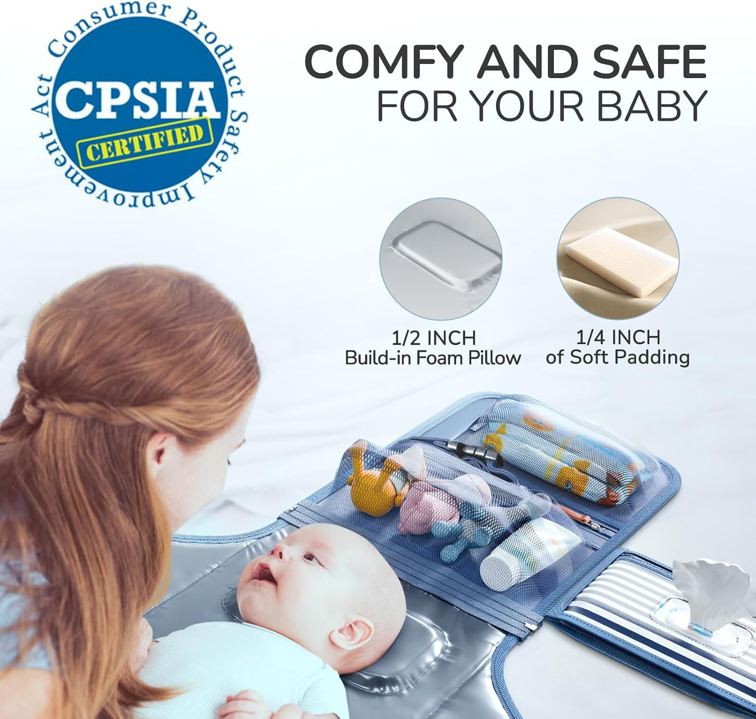 Portable Diaper Changing Pad for Baby, Detachable Travel Changing Pad with Baby Wipes Pocket, Gifts for Baby Shower, Newborn Girls and Boys (Navy) image number 2