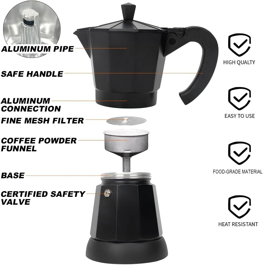 Mornest Aluminium Electric Moka Pot Coffee Maker, Electric Espresso Maker Auto Shutoff, Italian Classic, 360 Degree Rotating Base, 3/6 Cups (150/300Ml), Red/White/Black/Blue/Silver (Black, 6 Cups) image number 6