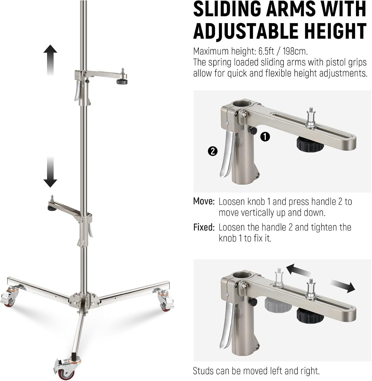 NEEWER 6.5Ft/198Cm Stainless Steel Light Stand, Heavy Duty Tripod Stand with Caster Wheels, 2 Sliding Arms with Pistol Grip, Folding Leg for Photography Softbox Monolight, Max. Load 35Lb/16Kg, ST198SS image number 3