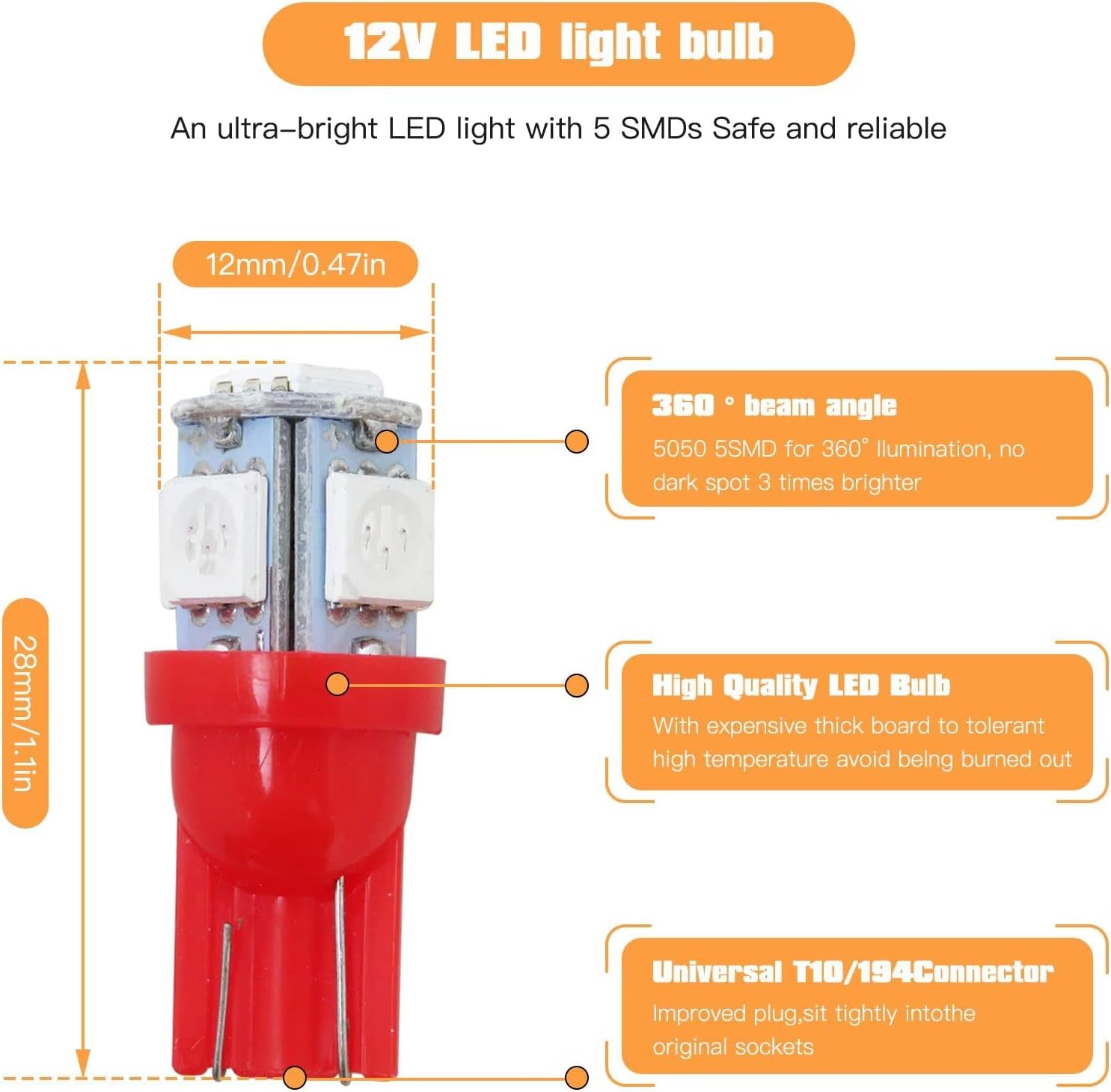 DOORYARD 10X Replacement for T10 5Smd 194 168 Light Bulb Wedge Tail Plate Parker 5050 Interior Globe Dash, 12 * 28Mm, 12V, Red - Red image number 2