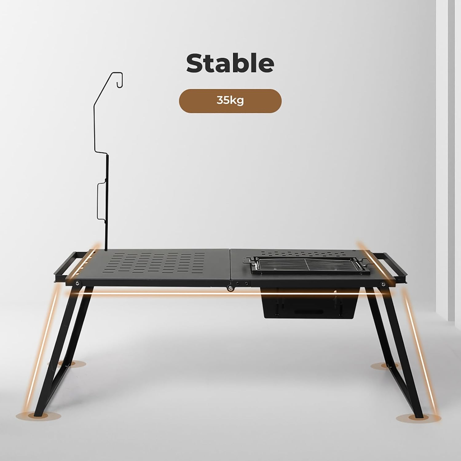 Levede Foldable Camping Table with Charcoal BBQ Grill Rack, Outdoor Portable Folding Steel Grill Desk with Lamp Bracket Hook, Cooking Barbecue Picnic Hiking Furniture Patio Dining Balcony Large Black image number 1