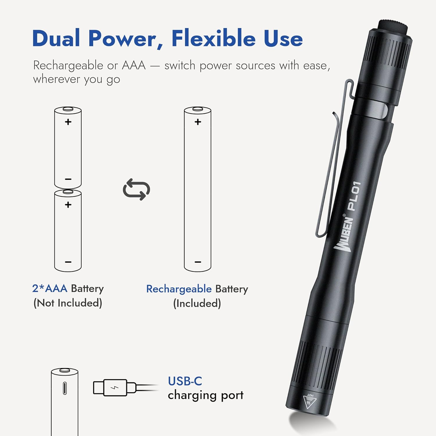 WUBEN PL01 Pen Torch Light, 650 Lumens Pocket EDC Flashlight Rechargeable, Bright LED Pen Flashlight, IP68 Handheld Flash Lights, Compatible 2 AAA Battery for Home, Outdoor, Emergencies, Inspection image number 3