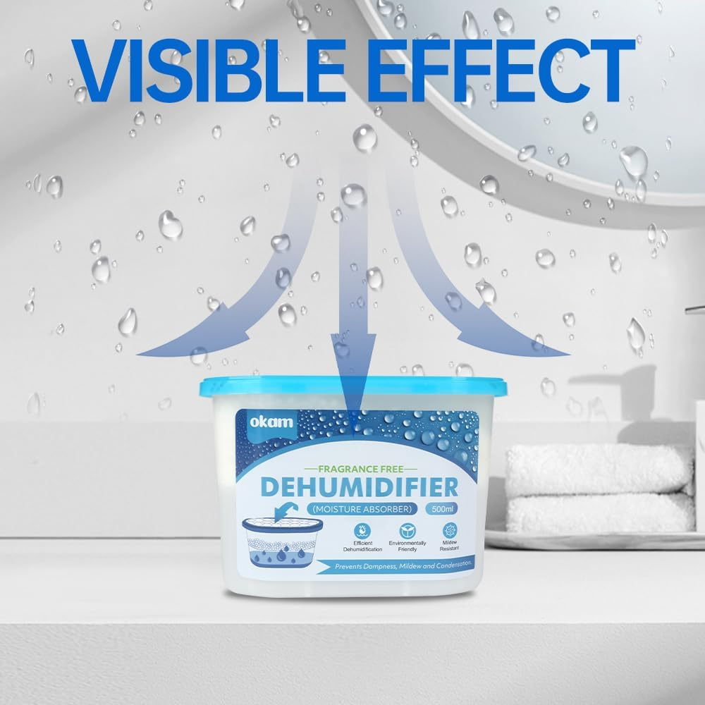OKAM Moisture Absorber Tubs 24-Pack - Unscented Dehumidifier 500Ml for Bathroom, Wardrobe, Kitchen, Laundry, Closet, and Cupboard - Mould & Humidity Absorber - Portable Dehumidifier Moisture Absorber image number 4