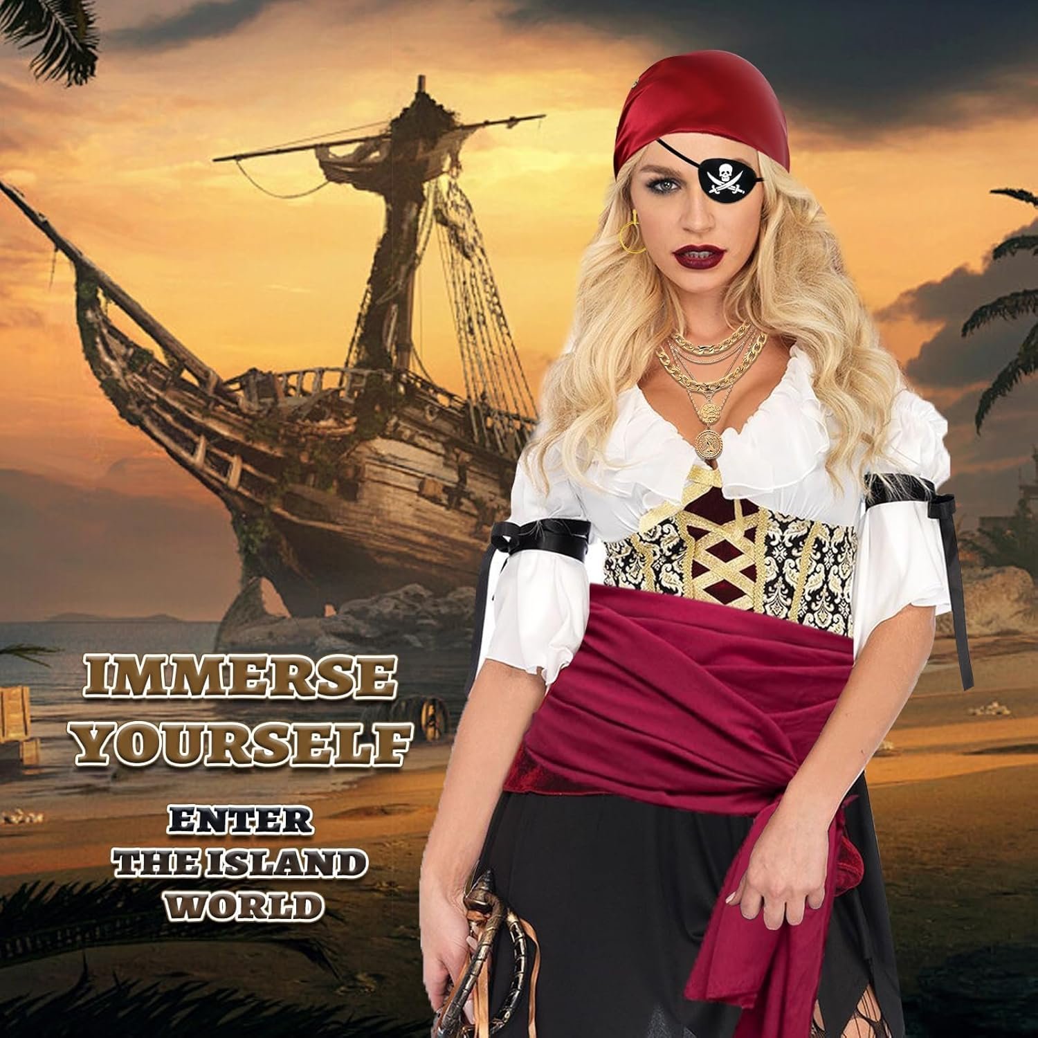 Women&rsquo;S Pirate Costume Accessories Set &ndash; 6Pcs Halloween Pirate Role Play Kit with Red Bandana Sash Belt Eye Patch Gold Earrings Necklace & Bracelet for Cosplay Masquerade Party Stage Performance image number 3