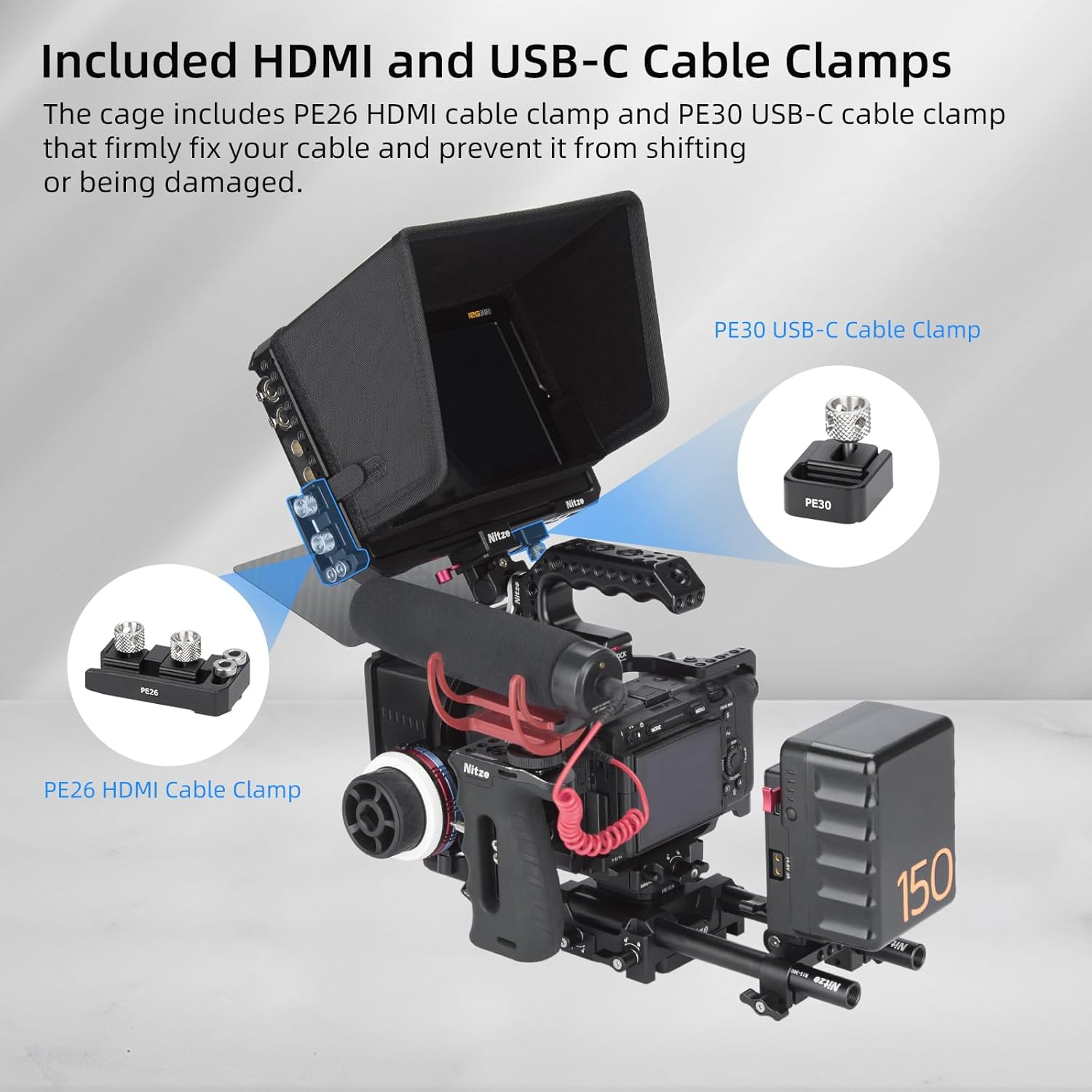 Nitze Cage for Blackmagic Design Video Assist 7" 12G Monitor with Sunhood, HDMI Cable Clamp and USB-C Cable Clamp - JT-B02B image number 3