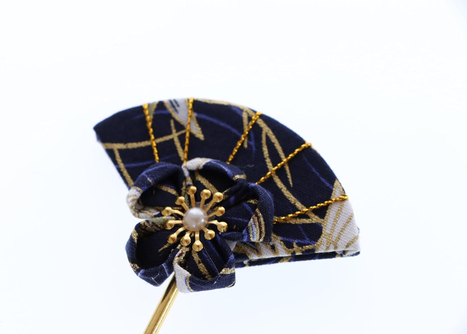 C-121-2 Dark Blue Hair Pin Fan Shape Pin Hair Pin Fabric Flower Sakura Japan Geisha Kimono Accessory