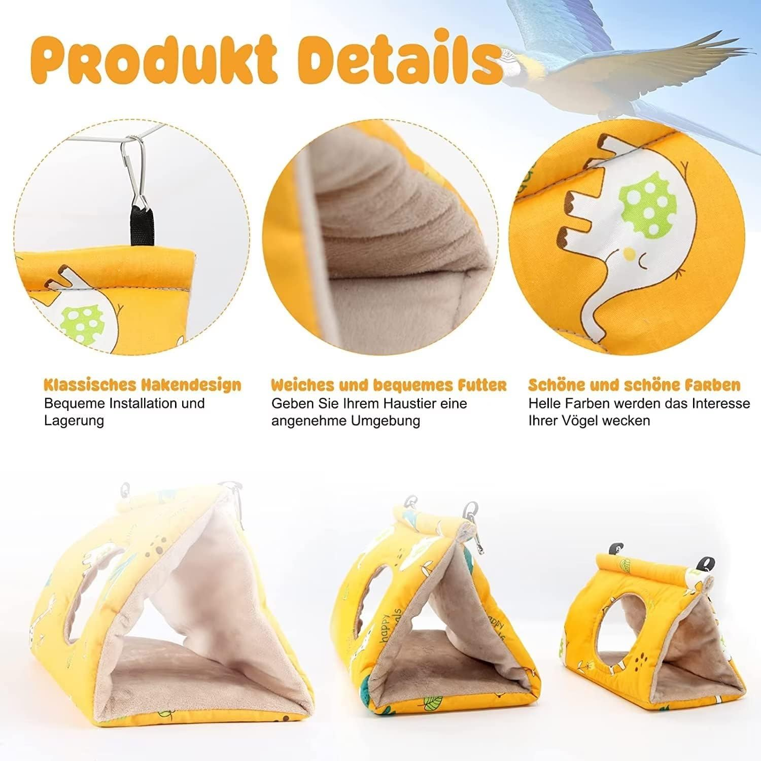Norhogo Winter Warm Bird Nest House Parrot Hammock Hanging Cave Cage Bird Nest Winter Nest House with Changing Mat for Macaw Budgies Cockatiels Cockatoo M, Yellow image number 6
