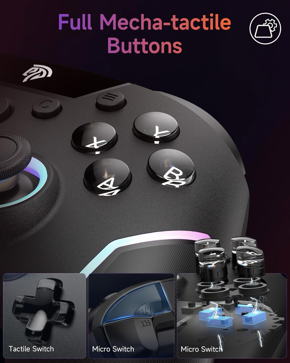 Easysmx X20 Wireless Gaming Controller with RGB Backlit, 2-Stage Hall Effect Sticks, 1000Hz Polling Rate, 6-Axis Gyro on Multi-Platform, Mech Buttons- Compatible with Pc/Switch/Steam/Android