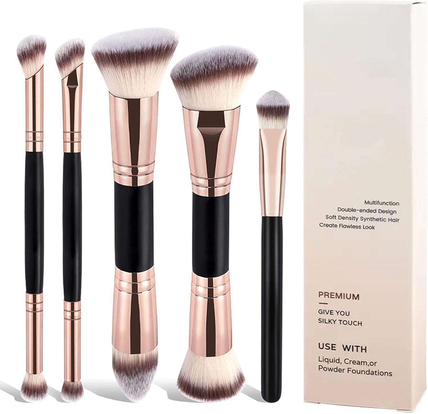 FLYTIN 5 Piece Double Head Makeup Brush Set - Foundation & Angled Concealer Brush for Flawless Base, Cream & Liquid Products, Professional Cosmetic Brushes for Perfect Blending (Gold)