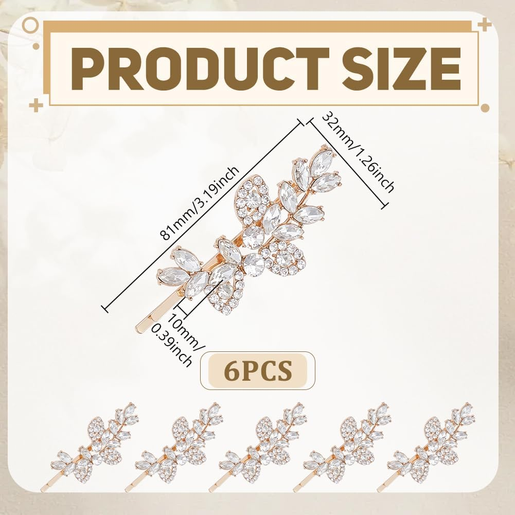 GOMAKERER 6 Pcs Rhinestone Leaf Hair Clips, Golden Bridal Hair Barrette Rhinestone Wedding Clips Decorative Diamante Accessories for Women Wedding Gift image number 1