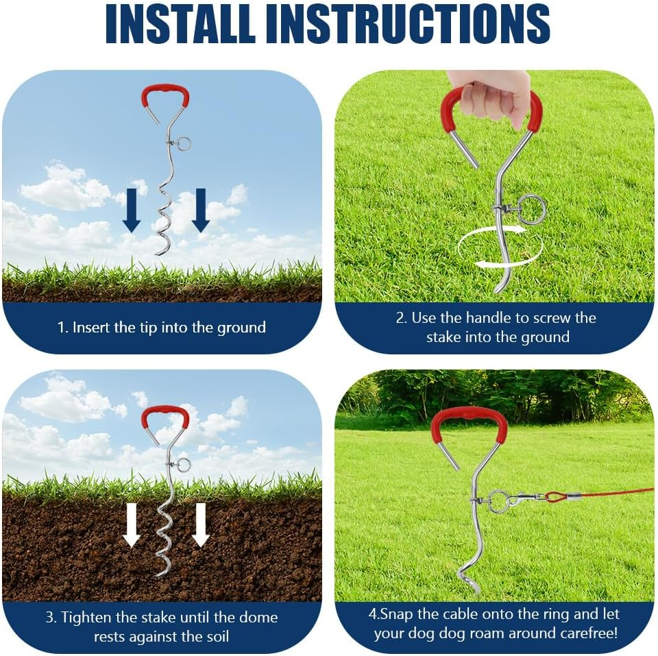 Aomig 6M Red Dog Tie Out Cable with Spiral Ground Stake, Heavy Duty Dog Lead Stake, Sturdy Dog Accessory for Outdoor, Yard image number 1