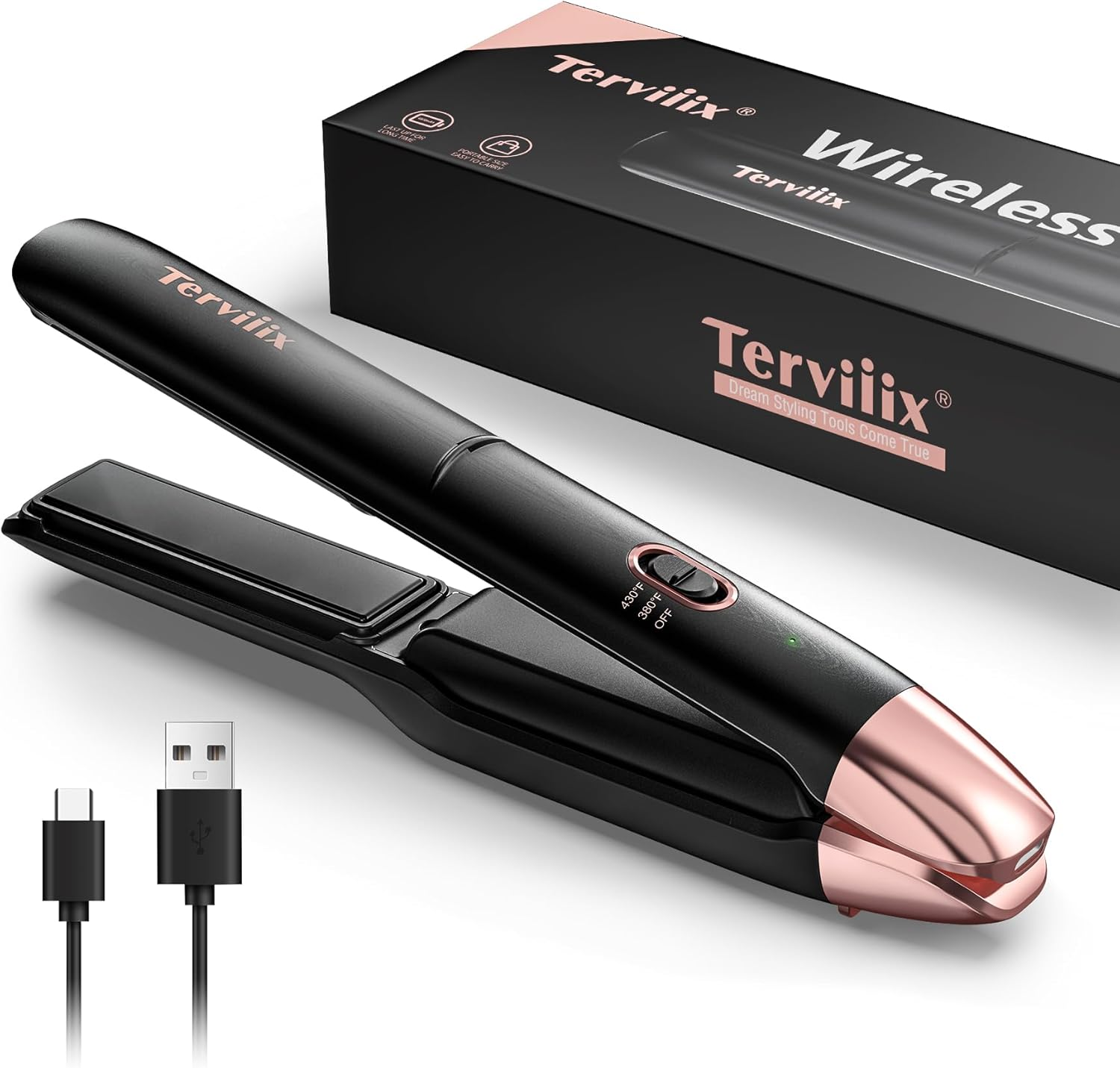 Terviiix Portable Cordless Hair Straightener, Max 430&deg;F Mini Flat Iron for Travel, Rechargeable Mini Hair Straightener & Curler 2 in 1 with Argan Oil Infused, 4500Mah Battery, 50S Fast Heat Up image number 5