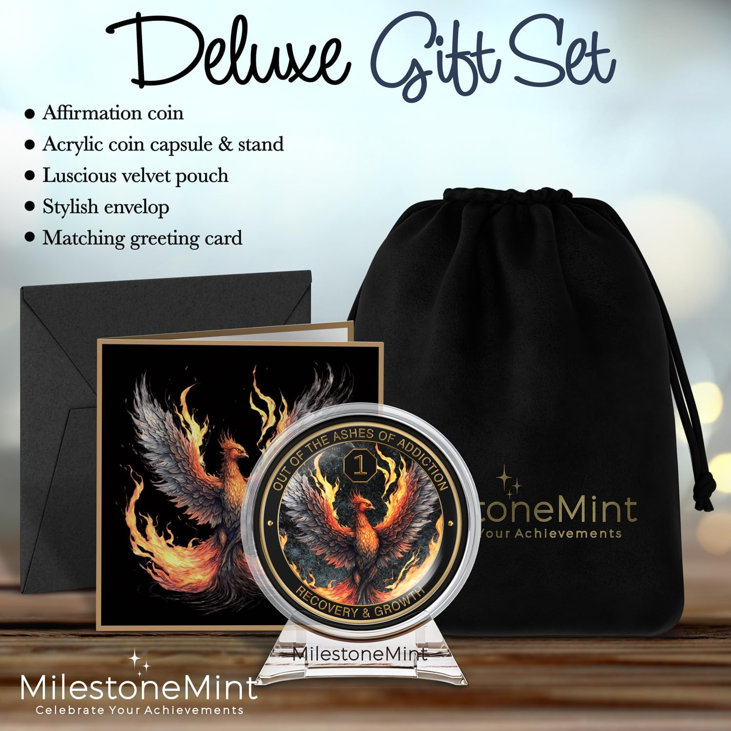 Milestonemint Phoenix Sobriety Coin | AA Chip Medallion Gift Set with Coin Capsule, Display Stand & Card for Sober Men & Women in Recovery | Sobriety Gifts for Anniversary Month & Year (1 Year)