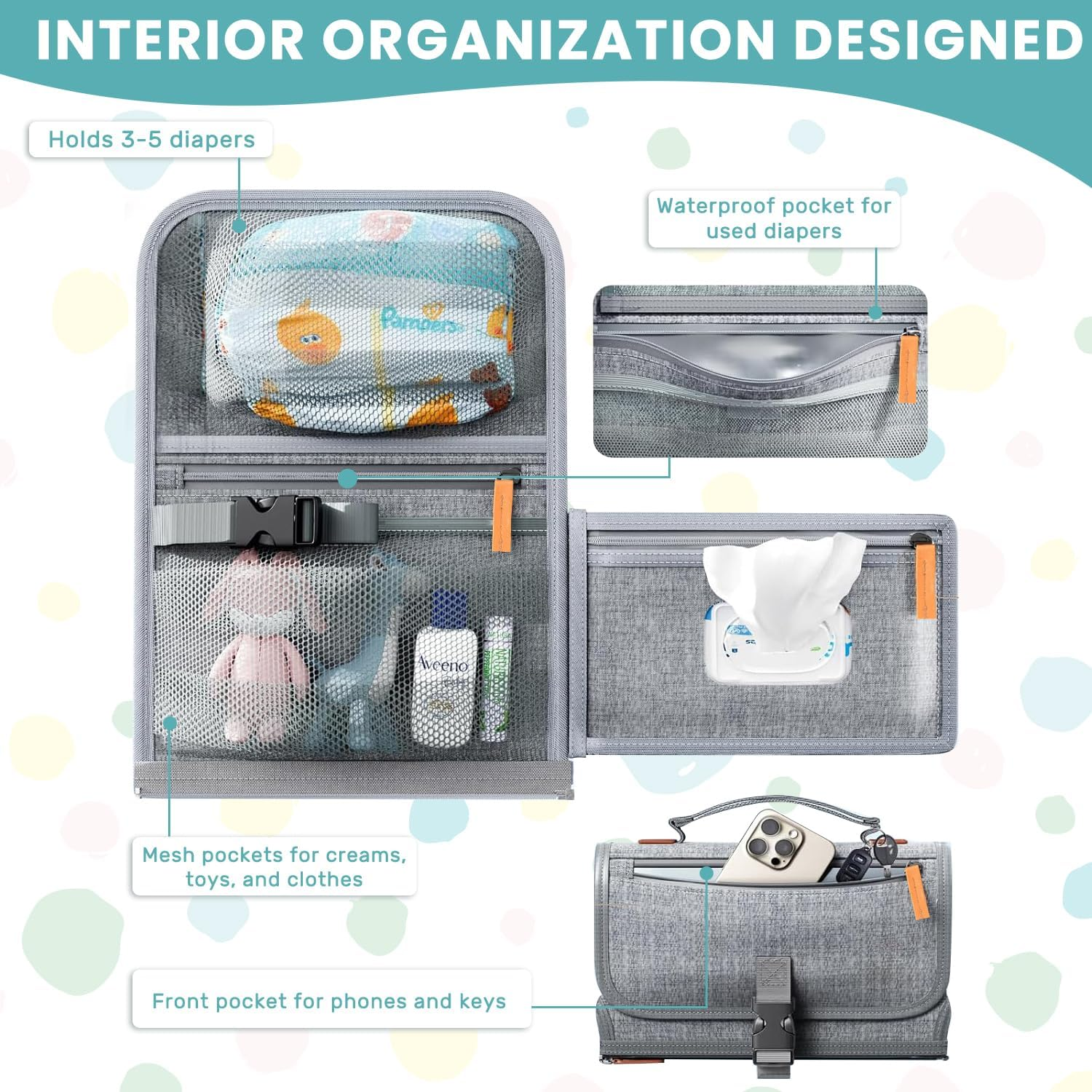 UBRAVOO Portable Diaper Changing Pad - Baby Diaper Changer Travel Bag with Wipes Pocket, Smart Design Portable Changing Mat, Infant Travel Station Kit, Gift for Newborn Girl & Boy (Grey) image number 6