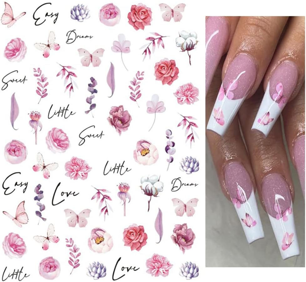 Flower Nail Art Stickers Decals, Watercolor Royalblue White Flowers 3D Nail Stickers 6PCS Butterfly Floral Leaves Nail Decals for Acrylic Nails Summer Nail Art Decorations Supplies Manicure Decor Tips image number 6