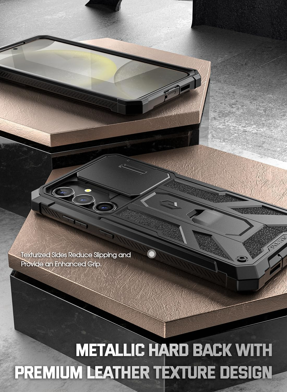 Poetic Spartan Case for Galaxy S24+ plus 6.7", [Slide Camera Cover] [Screen Protector Works with Fingerprint ID] Rugged Shockproof Cover with Kickstand, Matte Black image number 1