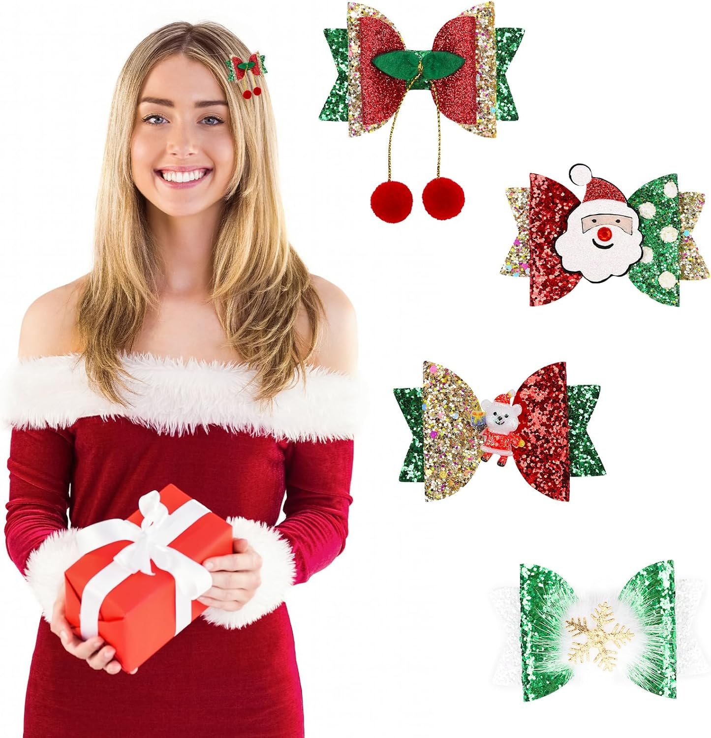 4 PCS Christmas Hair Clips for Kids,Glitter Sequins Hair Bow Barrette Christmas Santa Claus Snowflake Bear Cherry Hair Pins Alligator Clips for Kindergarten Girls Hair Accessories image number 4