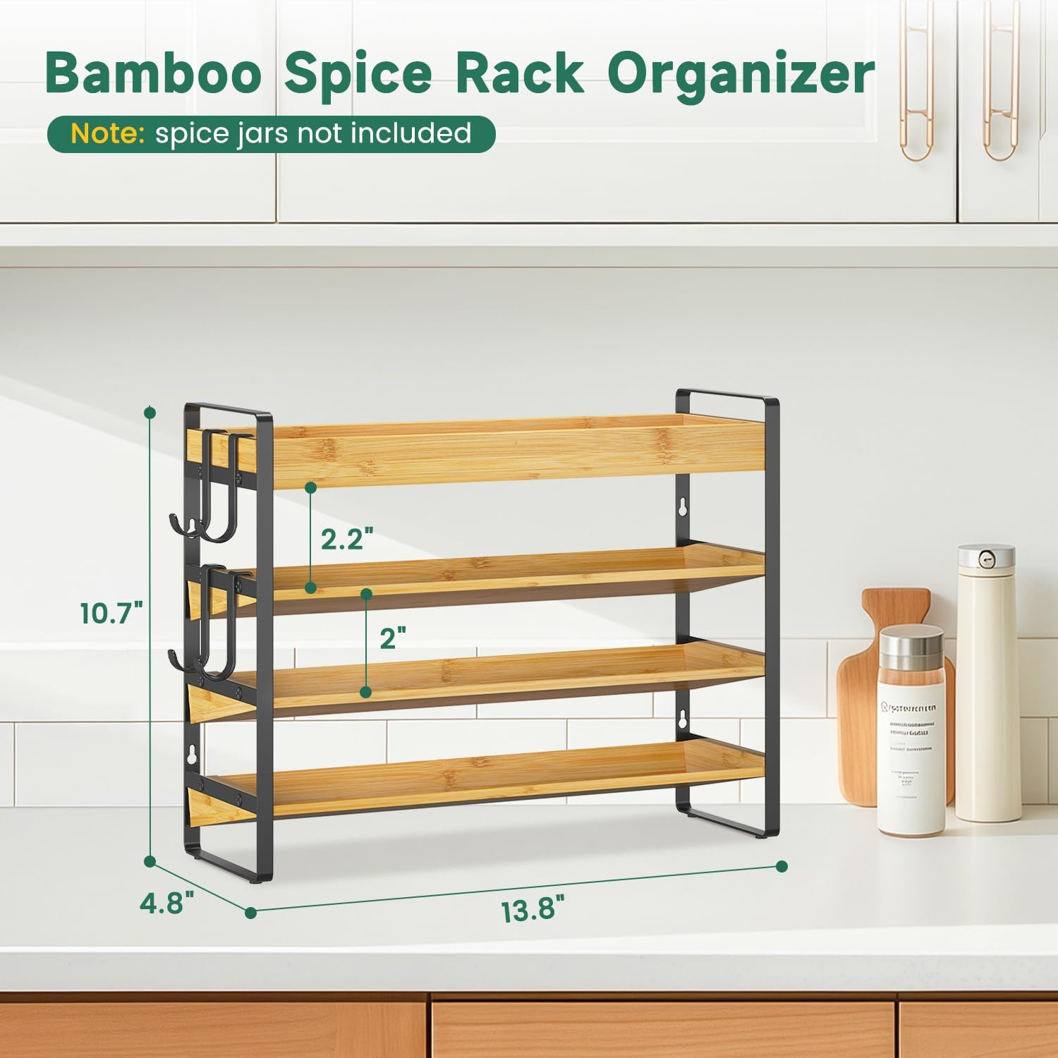 Esluker.Ly Spice Seasoning Rack Organizer Kitchen Countertop, 4 Tier Bamboo Spice Shelf Holder Storage with 4 Hooks, Wall Mounted Freestanding Stand for Pantry, Quick Spice Access(Jars Not Included) image number 6