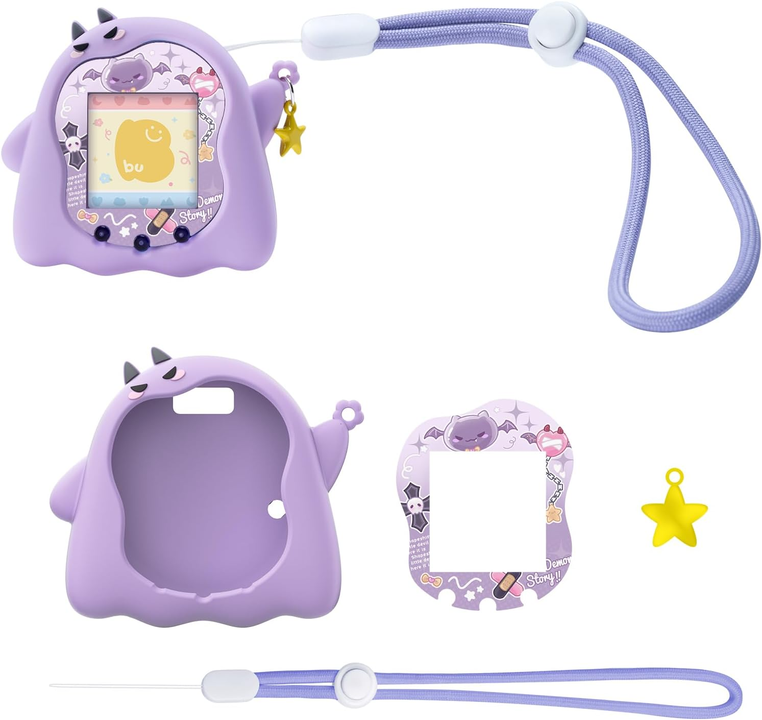 BUBBLELOGUS Soft Silicone Protective Case for Tamagotchi Uni with Wrist Strap and Faceplate Sticker - Cute Devil（Purple） image number 5