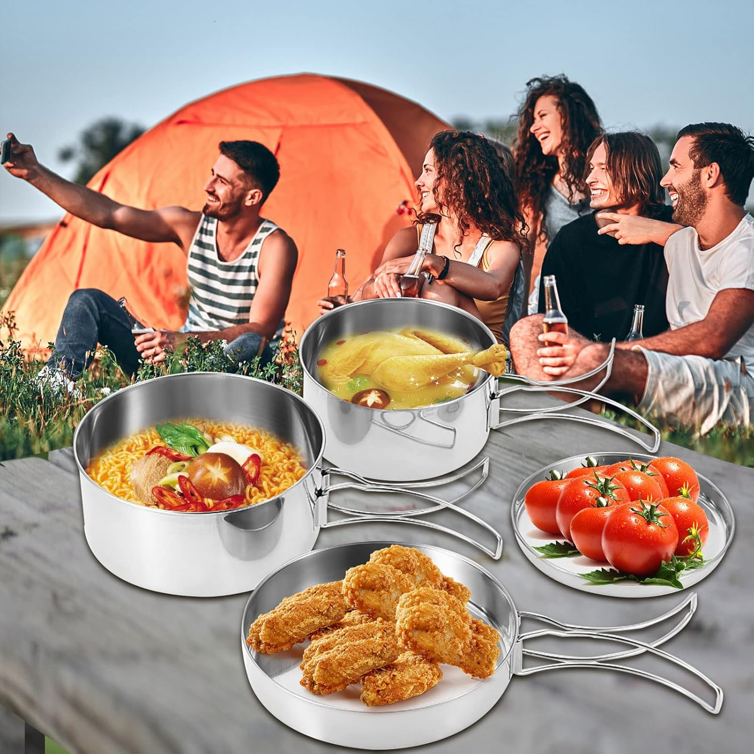 Camping Pots Pans, 4 Pieces Portable Stainless Steel Cookware Set Camping Picnic Outdoor Pan Pot Plate Tableware image number 2