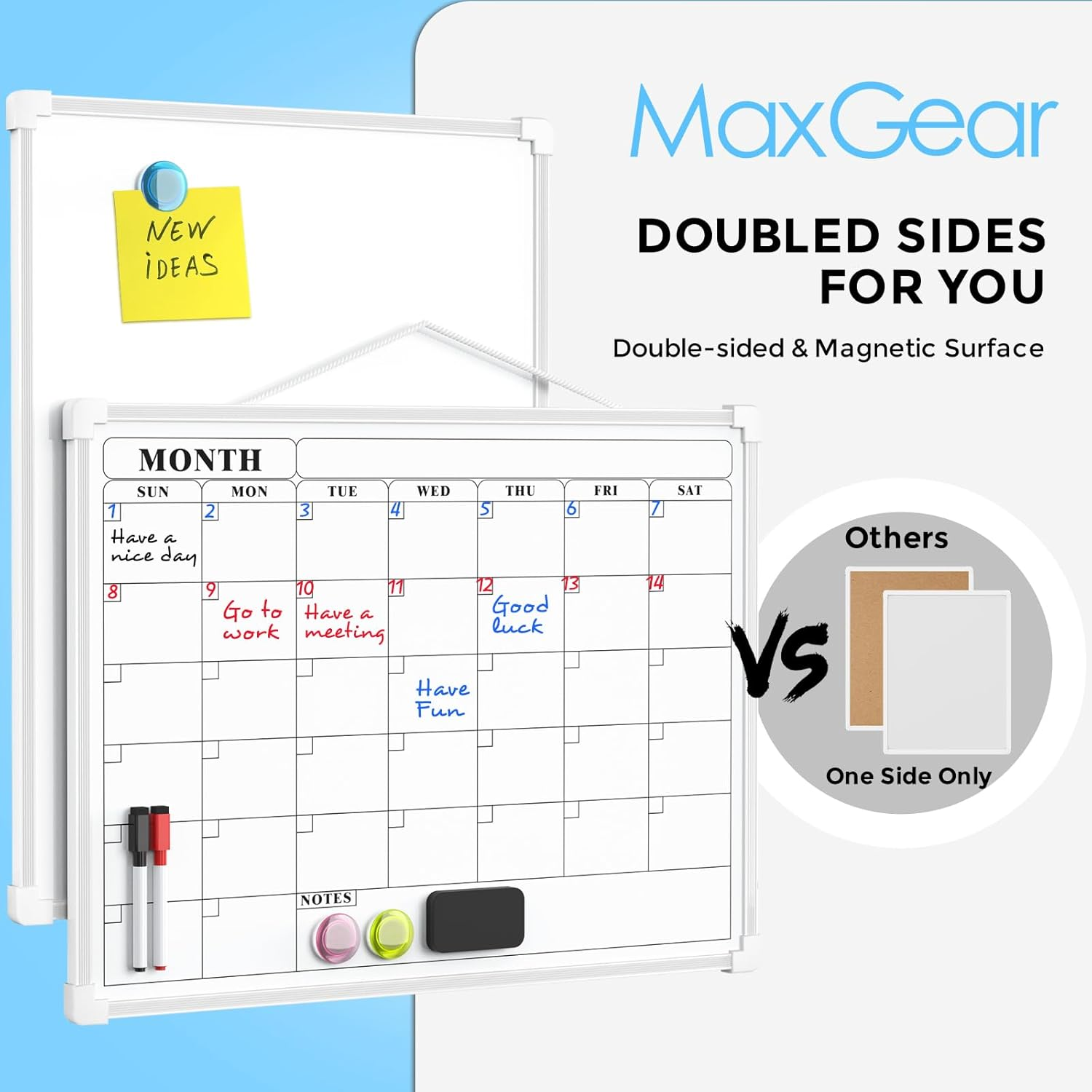 Maxgear Monthly Calendar Dry Erase Whiteboard for Wall, 16"X12" Small Hanging Double-Sided White Board, Portable Board for Planning, Drawing, Memo, to Do List, Home, Kitchen, Office