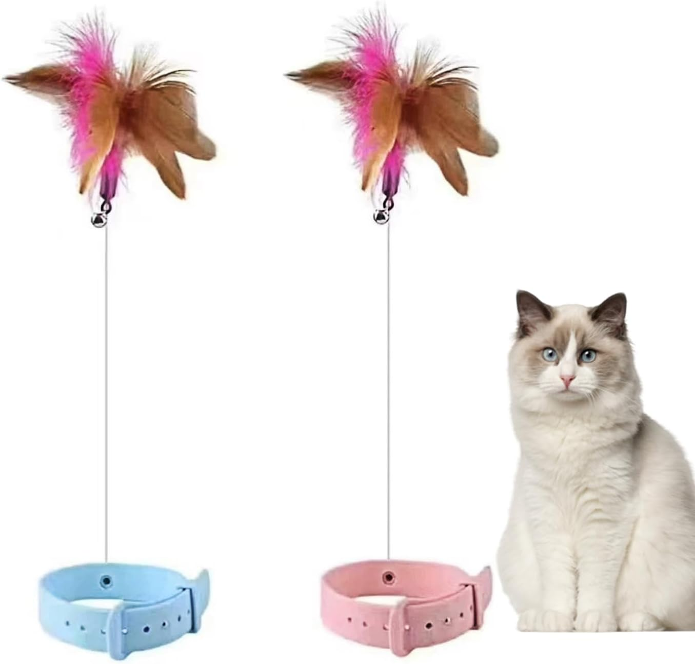 Oiuyamn Cat Collar Toys with Feathers, 2 Silicone Feather Cat Tease Sticks, Cat Wand/Cat Stick Toys with Bells, Indoor Cat Interactive Play Toys image number 2