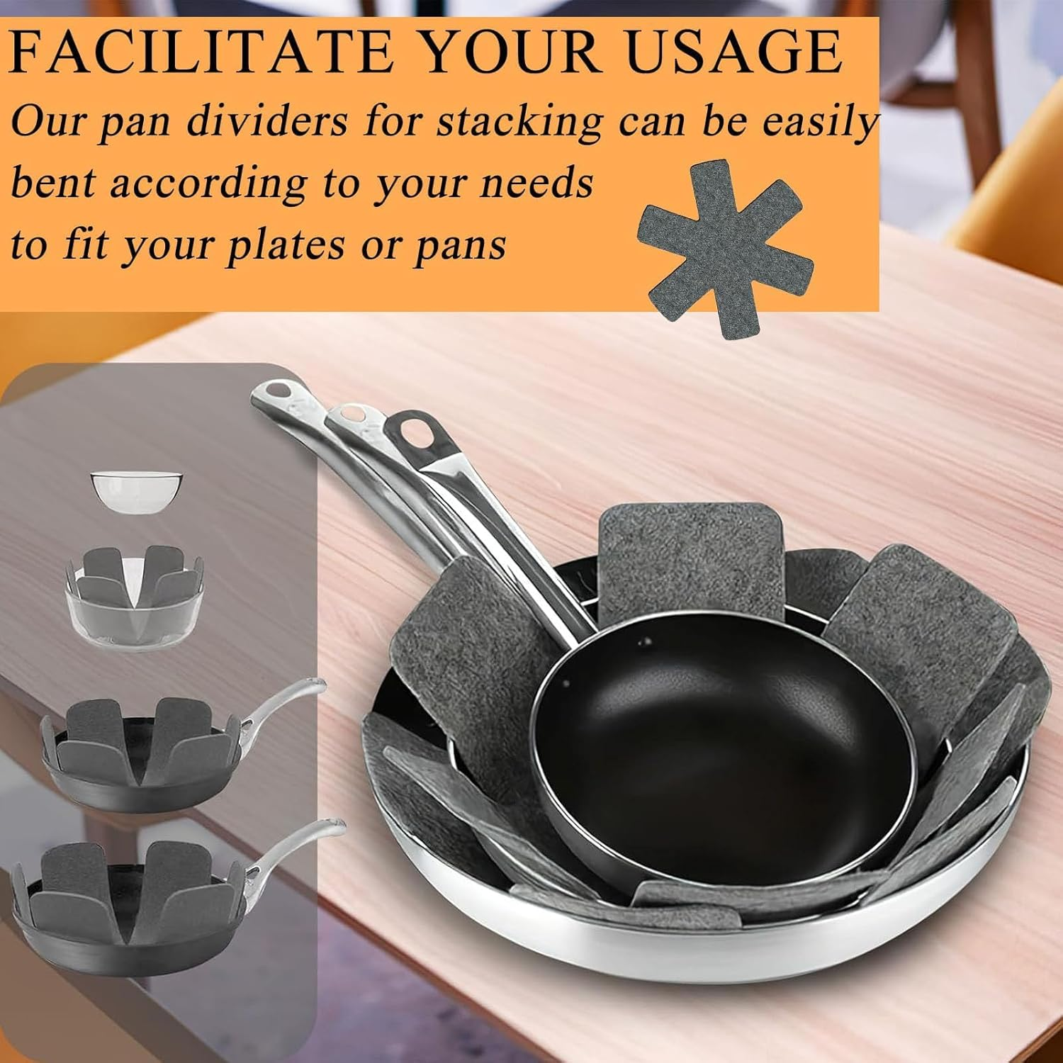 Pan Protectors, Pack of 18 Pan Protectors, Stacking Protection, Grey Felt Mats in 3 Sizes, 28 Cm/24 Cm/17 Cm, Pot Protectors for Kitchen Utensils, Pan Protector, Felt, Ideal for Camping and Household