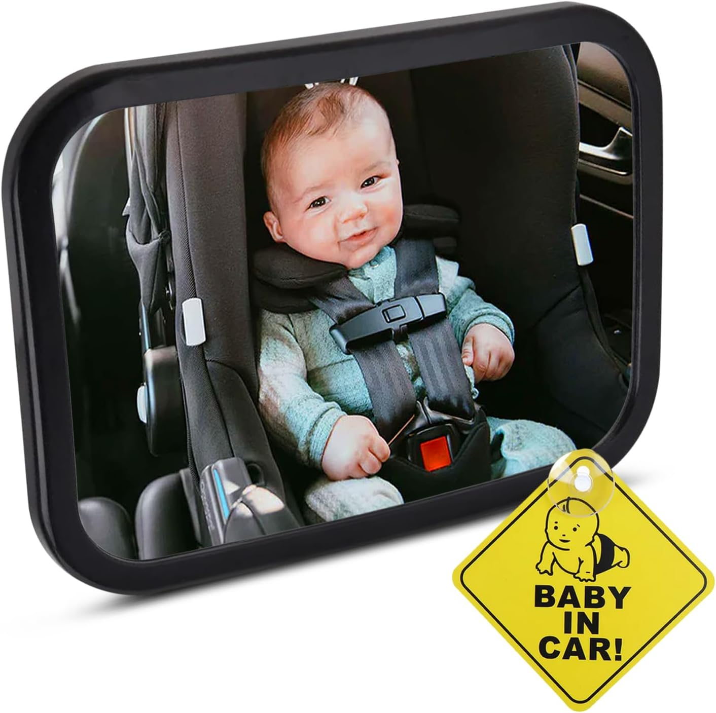 Black Rear View Baby Car Seat Mirror - 360&deg; Rotatable & Adjustable for Clear, Wide View of Rear Facing Infant, Universal Fit, Shatterproof Plastic, Easy Installation with Bonus 'Baby in Car' Sticker image number 1