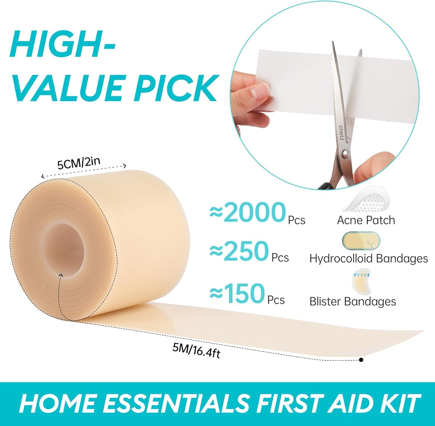 Hydrocolloid Roll for Wound Care, 5Cm*2M Hydrocolloid Bandages Rolls Tape, Waterproof and Ultra Absorbent Patch Bandages Cut-To-Size, First Aid Kit Essential for Burn Blister image number 2